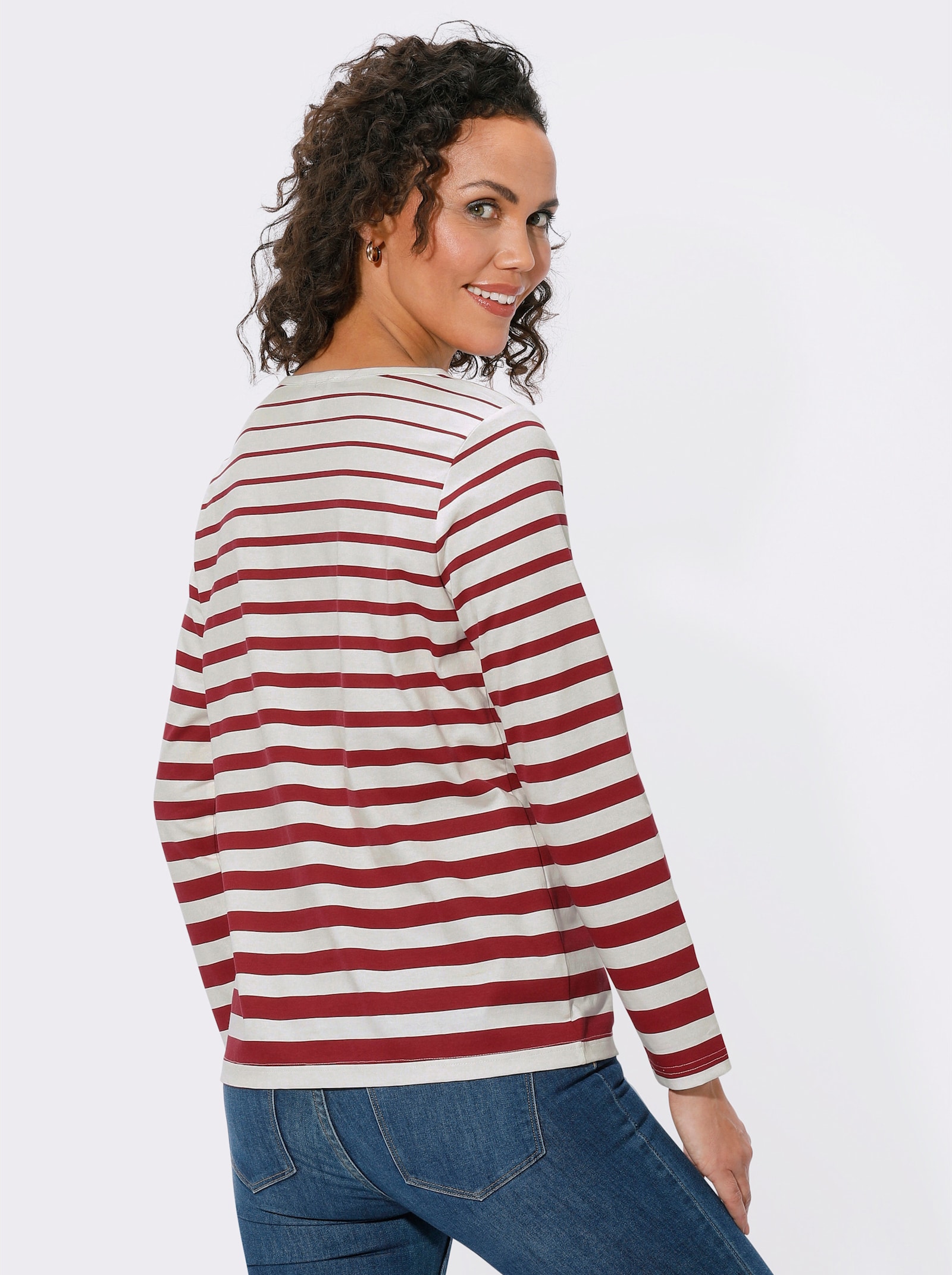 Streepjesshirt met ronde hals - kers/ecru gestreept