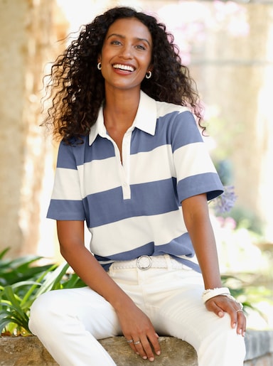 heine Poloshirt mit Blockstreifen - taubenblau-ecru-gestreift