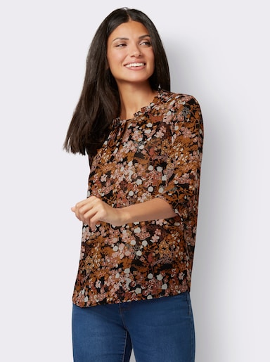 Comfortabele blouse - zwart/cognac bedrukt