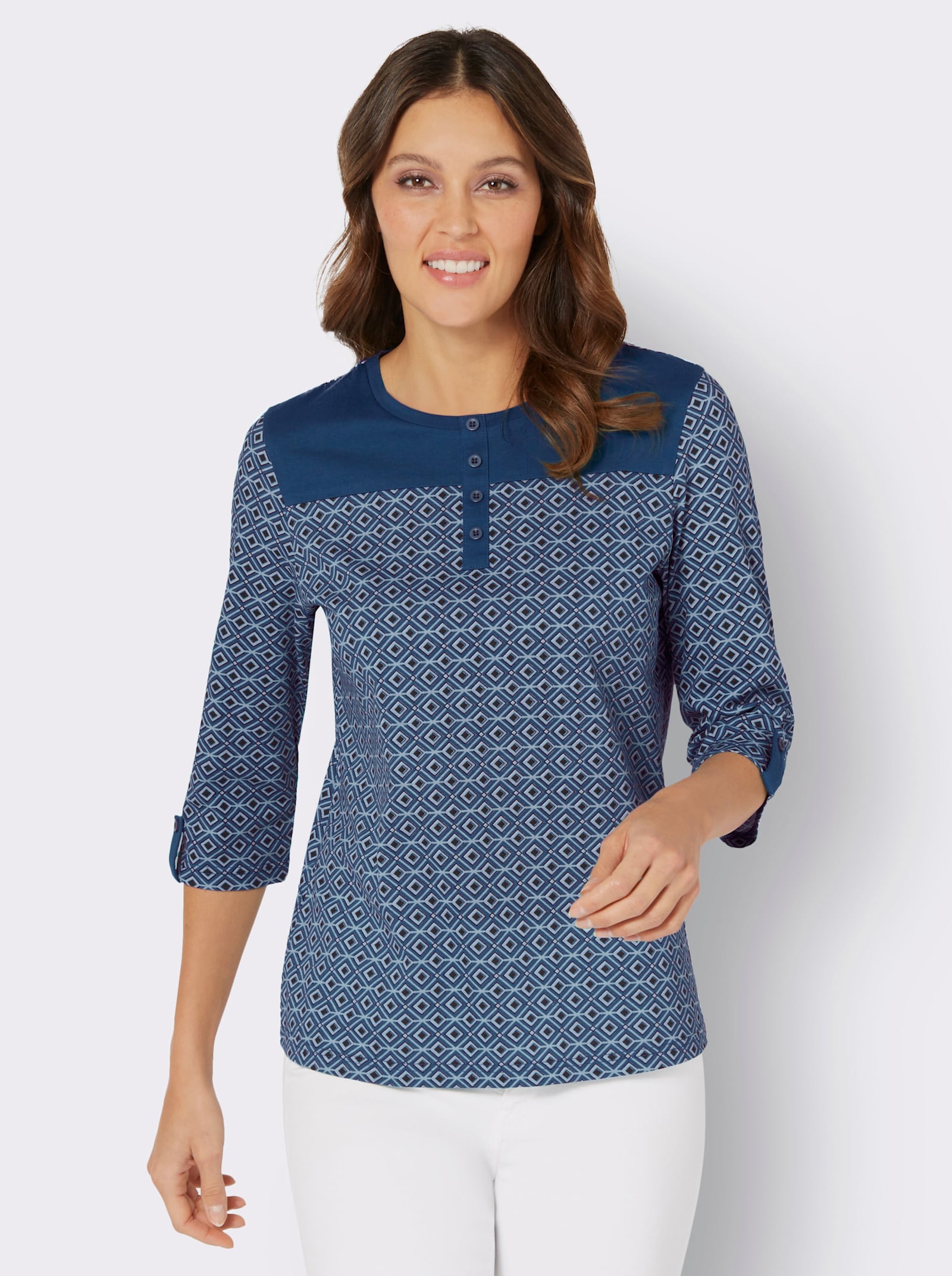 3/4-Arm-Shirt mit einfarbiger Schulterpasse - jeansblau-hellblau-bedruckt