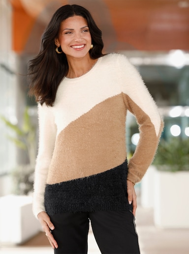 Pullover met ronde hals - camel/zwart gedessineerd