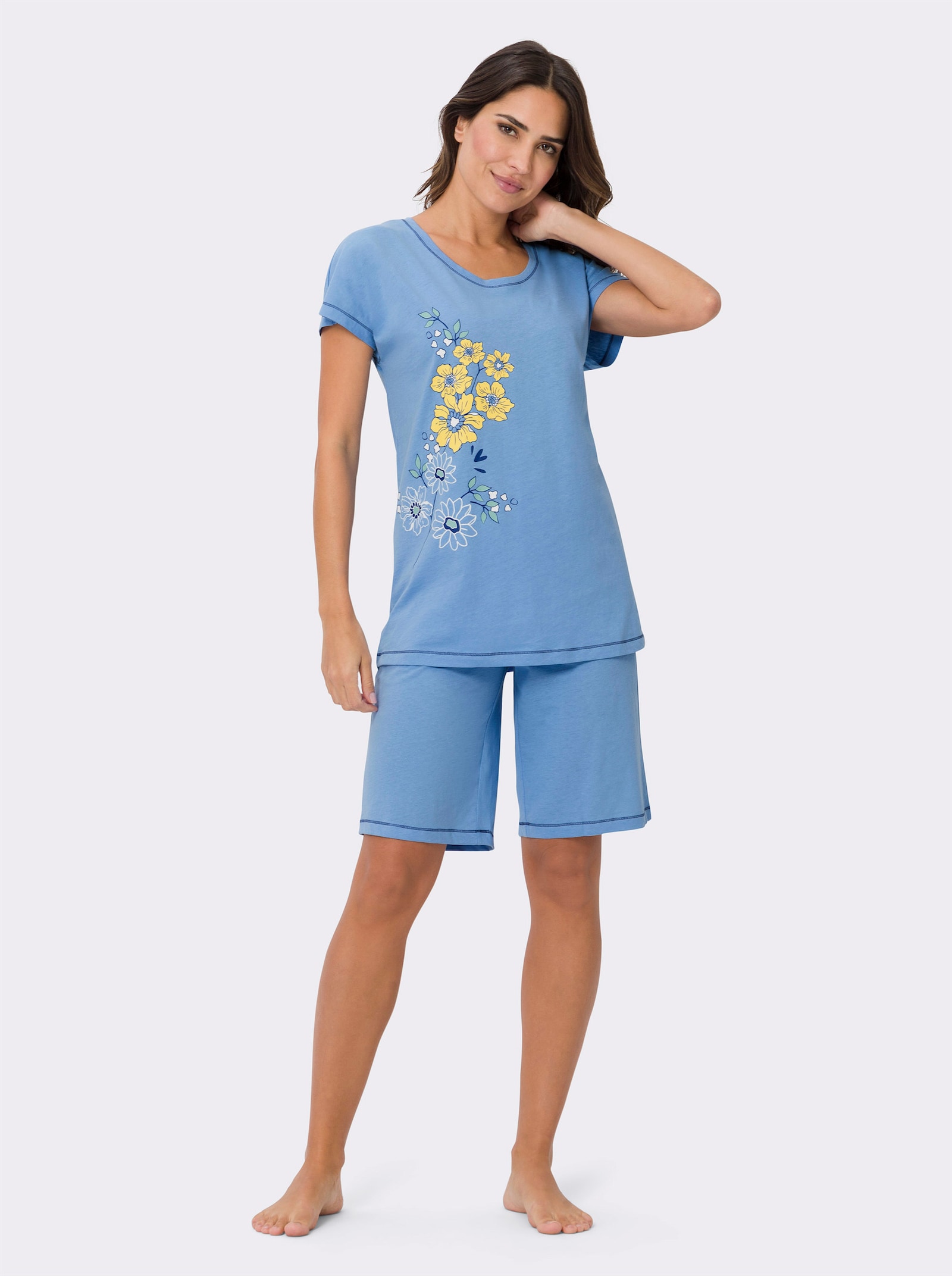 Krátké pyžamo s květinovým potiskem vpředu - nebesky modrá
