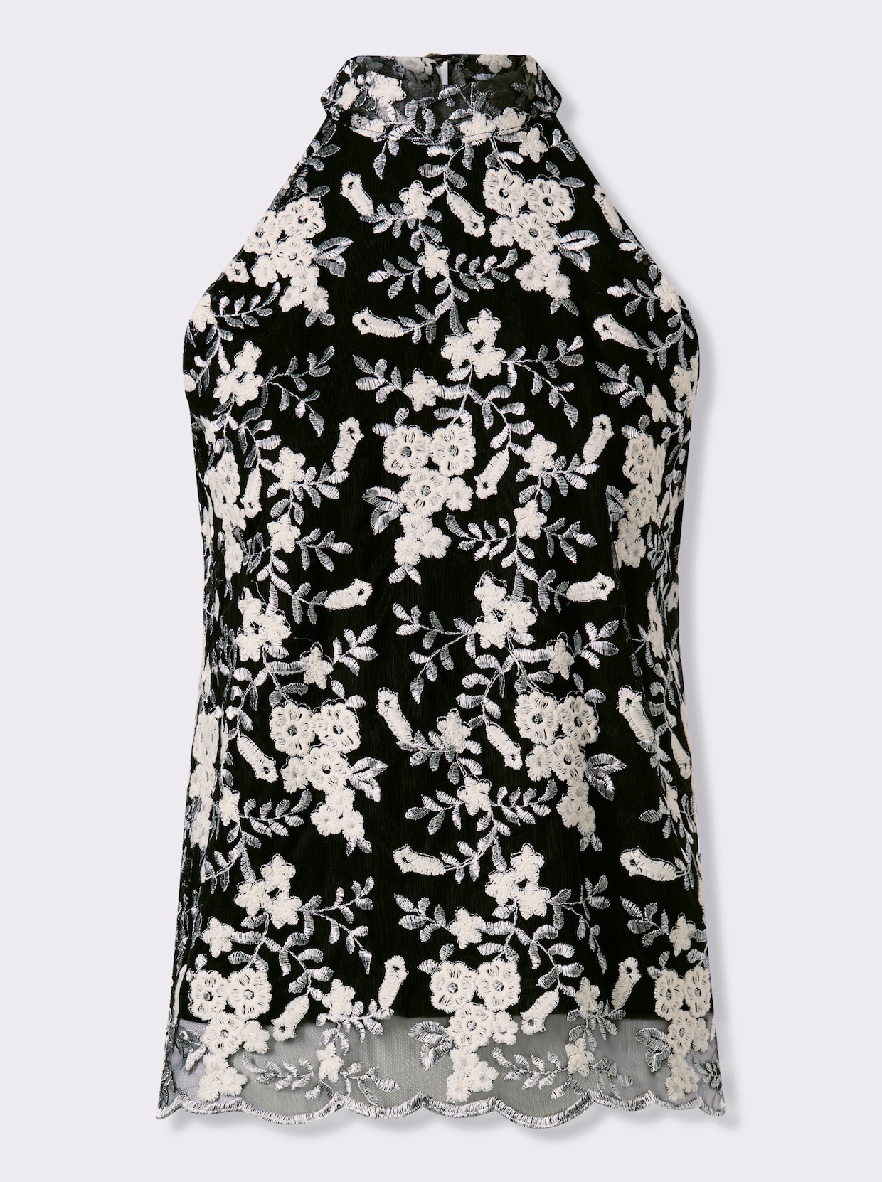 heine Kanten top met knoopsluiting in de nek - zwart/zilverkleurig gedessineerd