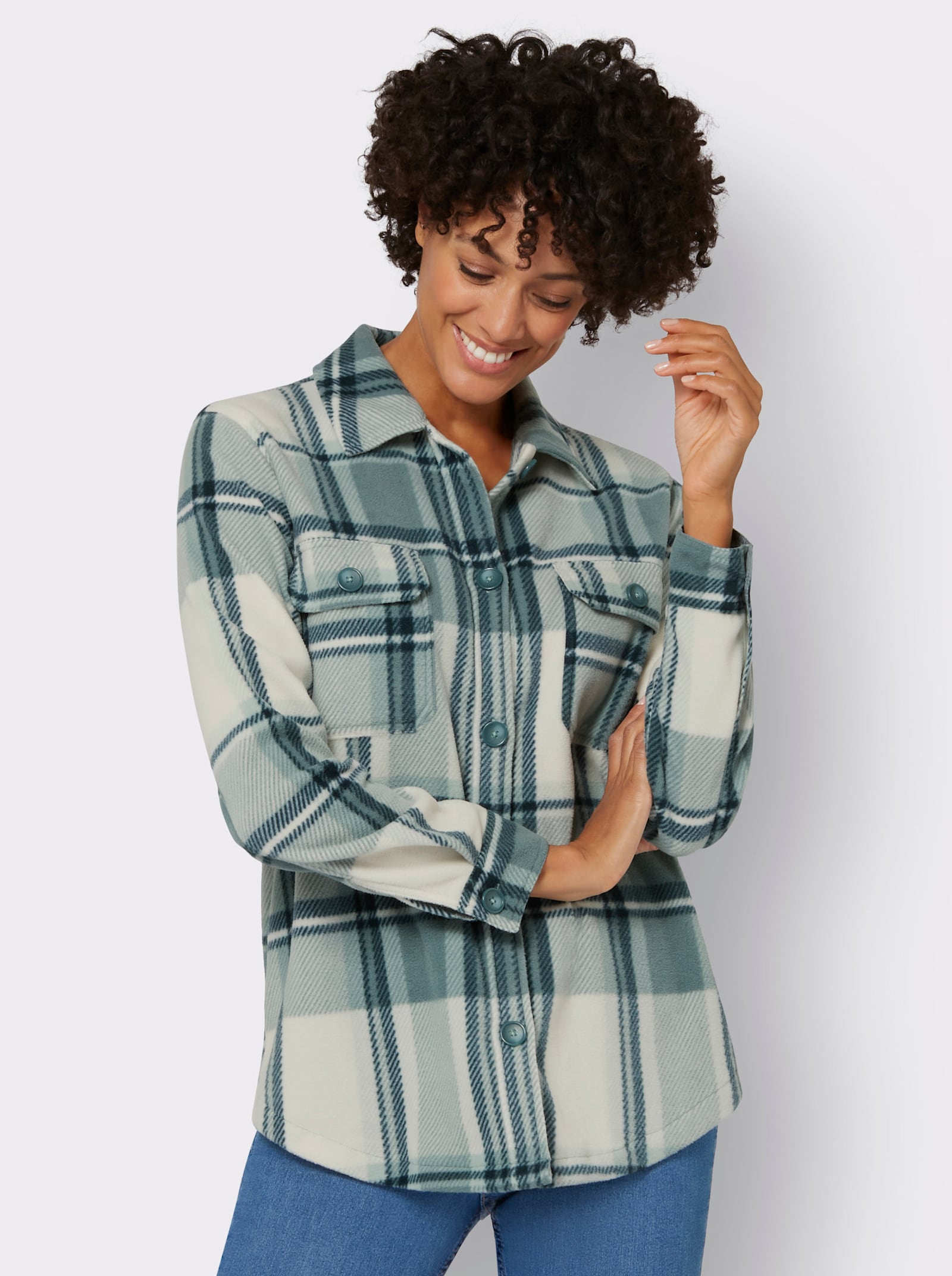 Fleecejacke mit Knöpfen in Horn-Optik - champagner-jade-kariert