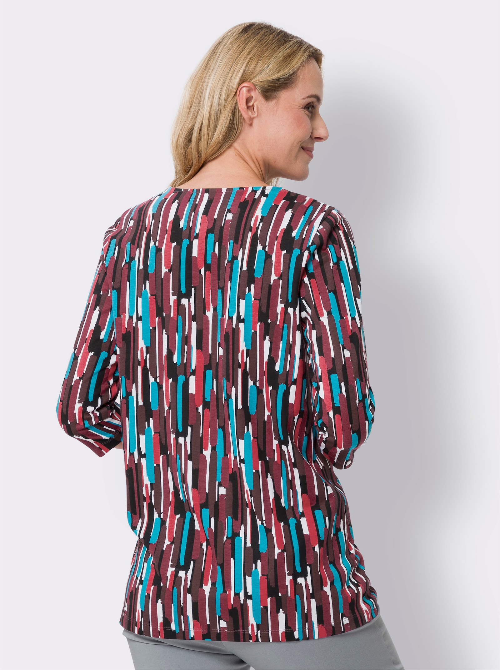 Longshirt in A-Form, grafisch bedruckt - burgund-türkis-bedruckt