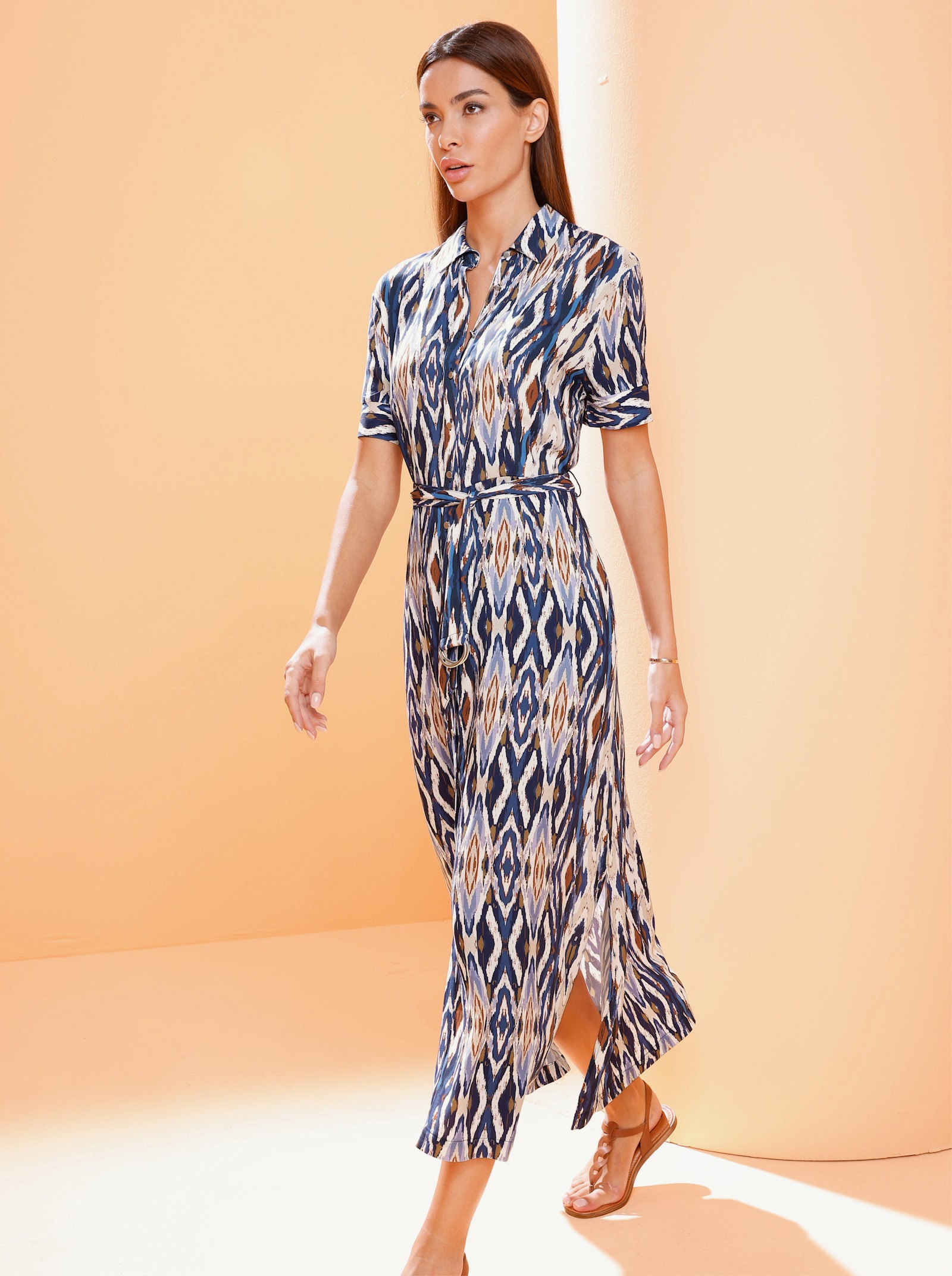 heine Jurk met print en stoffen ceintuur - koningsblauw/cognac bedrukt