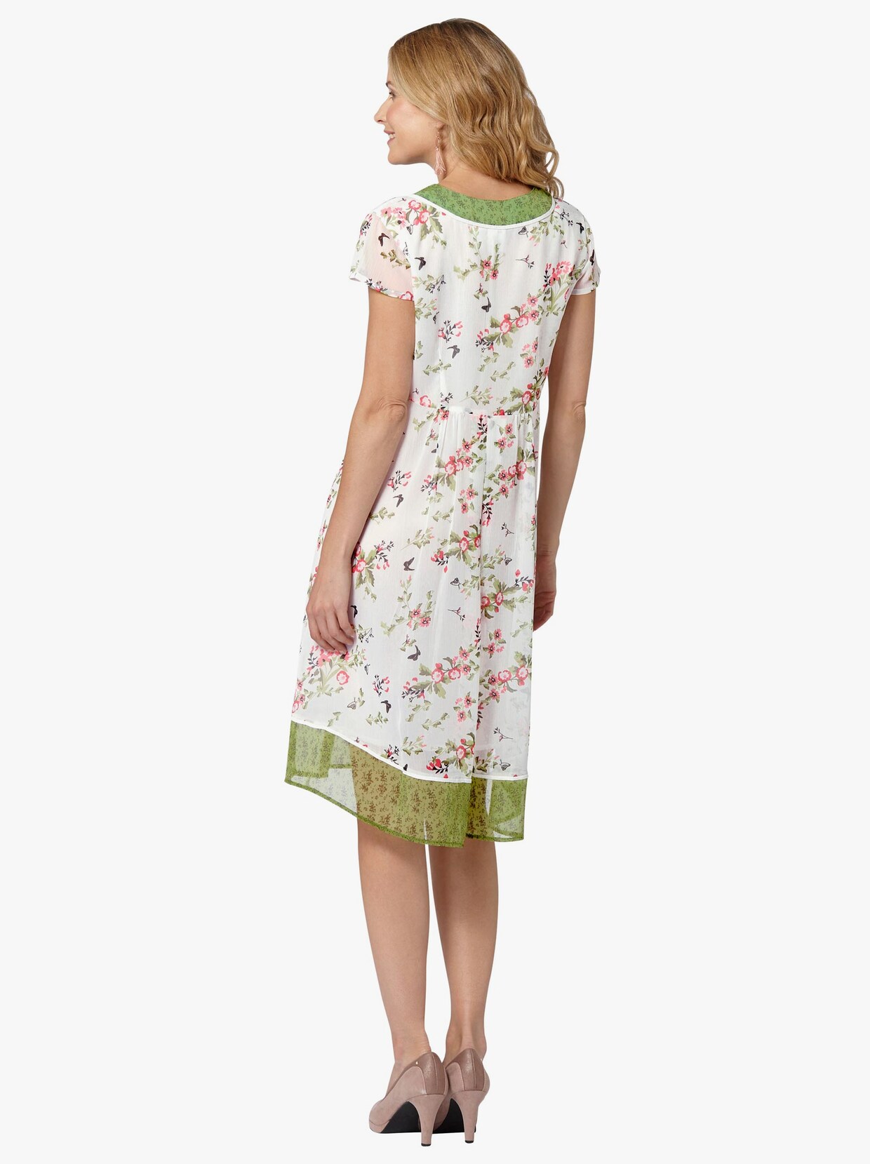 Šifonové šaty - ecru-zelená-vzor