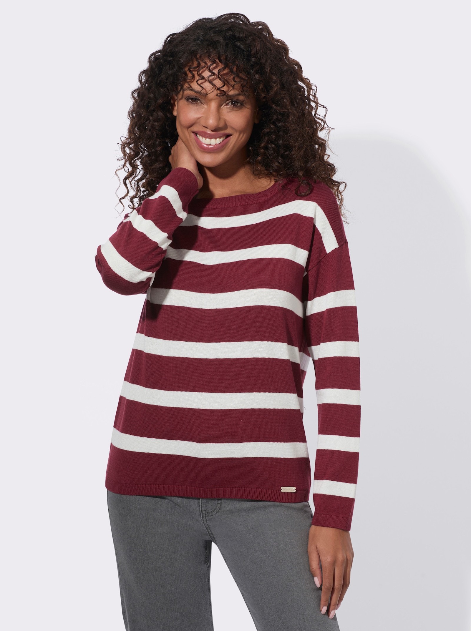 Feinstrickpullover mit U-Boot-Ausschnitt - dunkelrot-ecru-geringelt