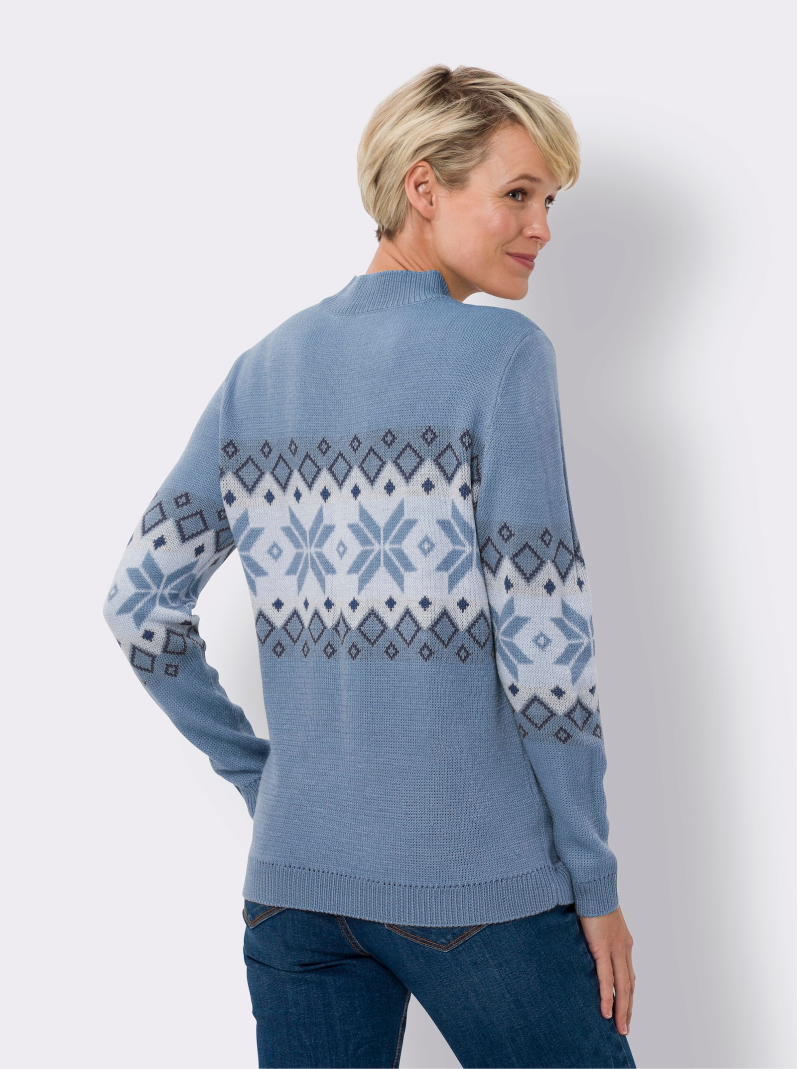 Pullover met opstaande kraag met Noors patroon - bleu/champagne gedessineerd