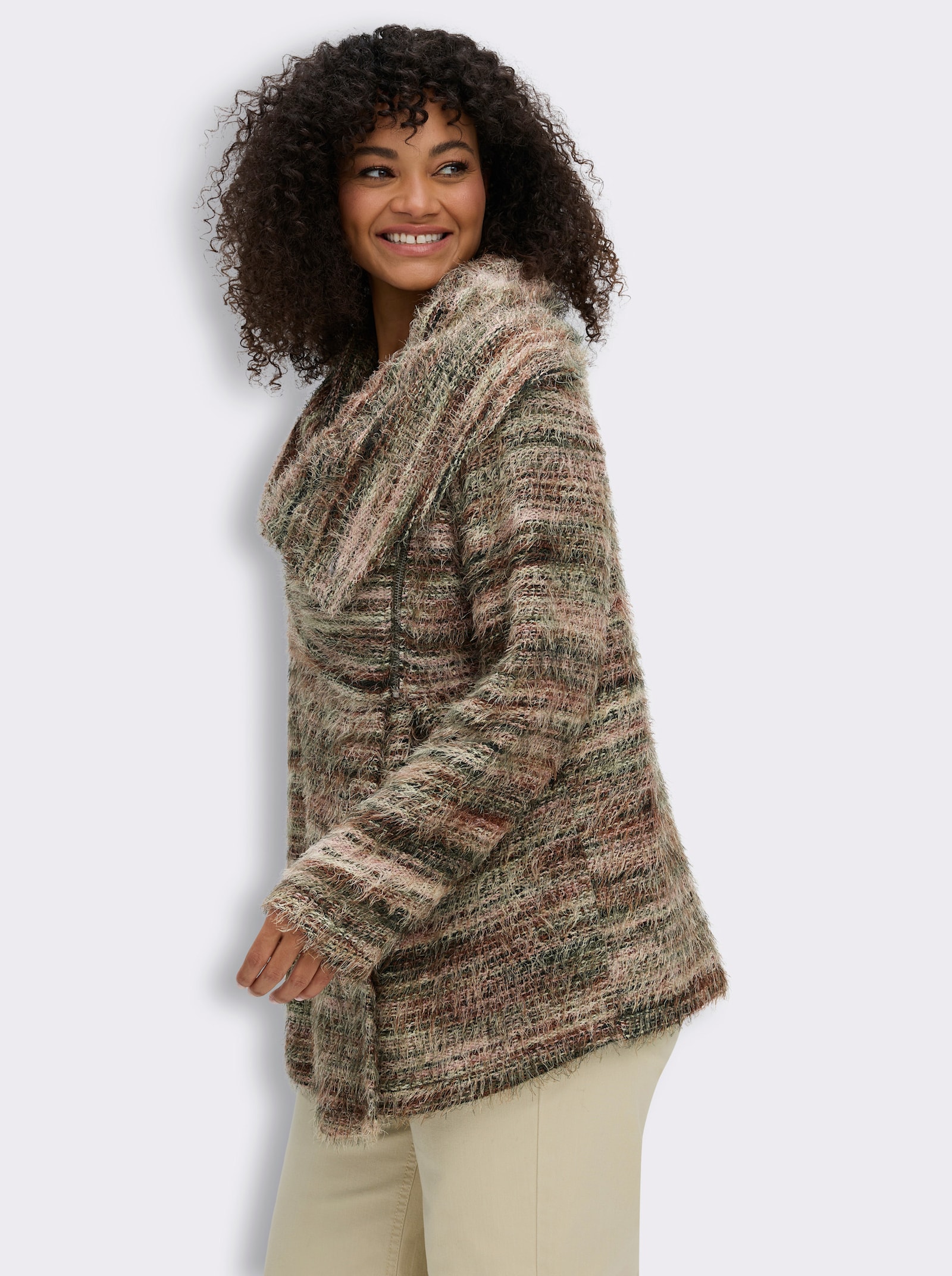 sheego by Joe Browns Strickjacke mit raffiniertem Schalkragen - moos-beige