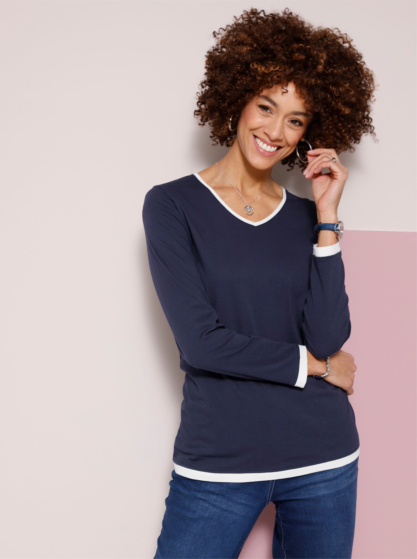 Shirt met lange mouwen en contrastbiezen - marine/ecru