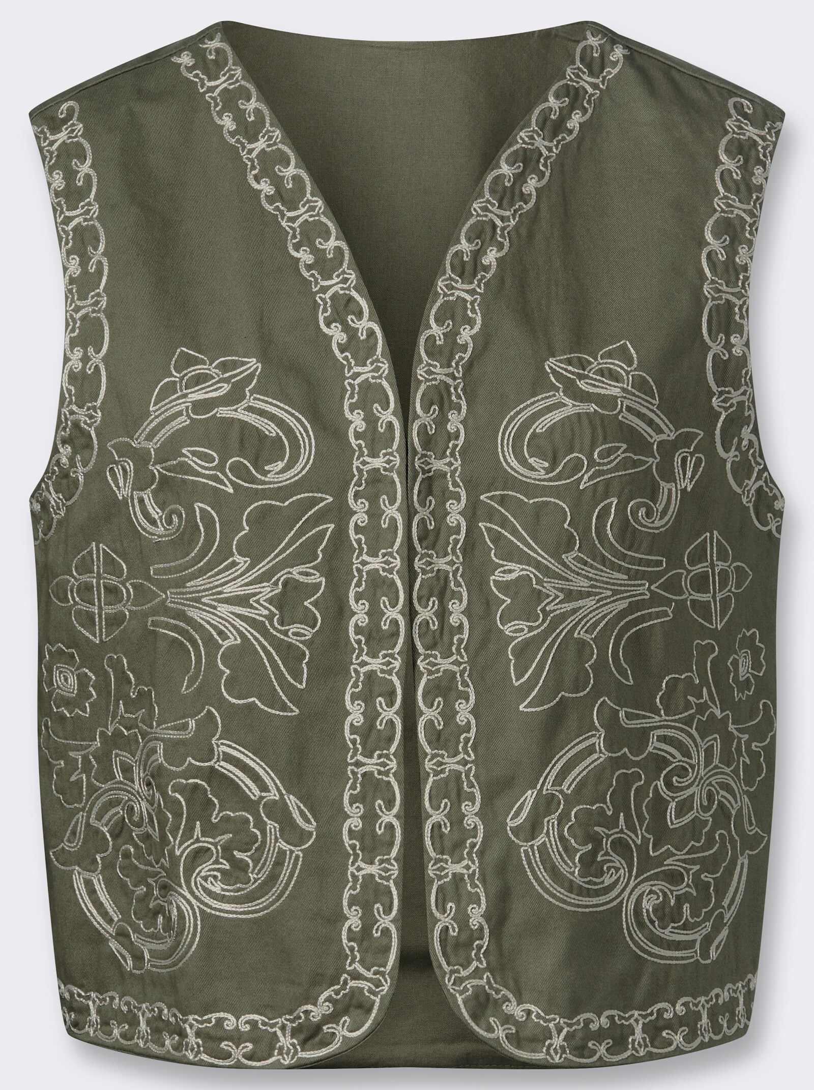 Jeansweste mit Kontrast-Stickerei - khaki-champagner-gemustert