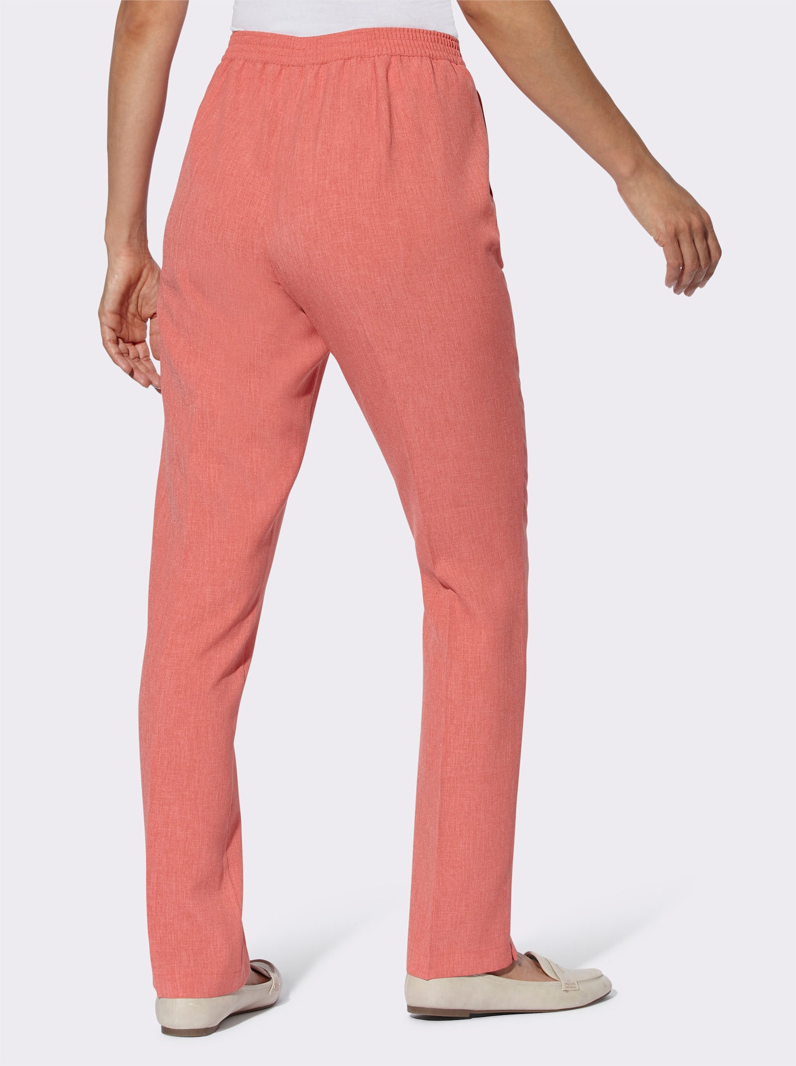 Comfortbroek met comfortband achter - grapefruit gemêleerd + grapefruit gestreept