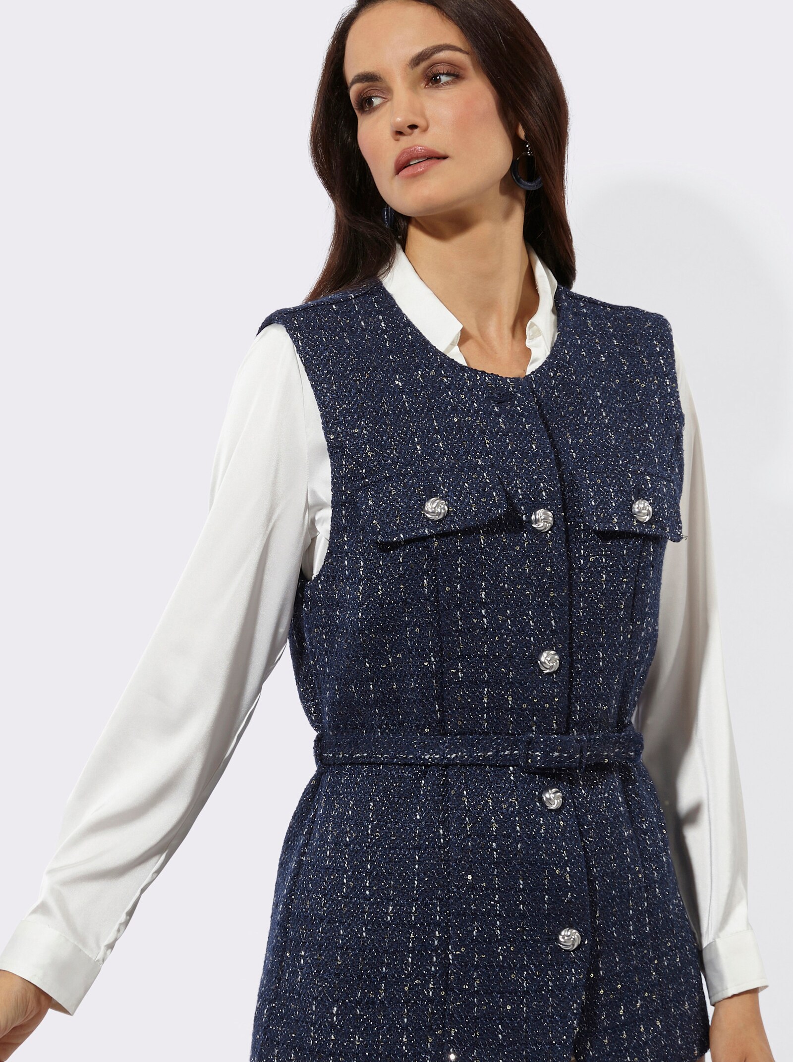 Longweste mit Stoffgürtel - dunkelblau-ecru-meliert