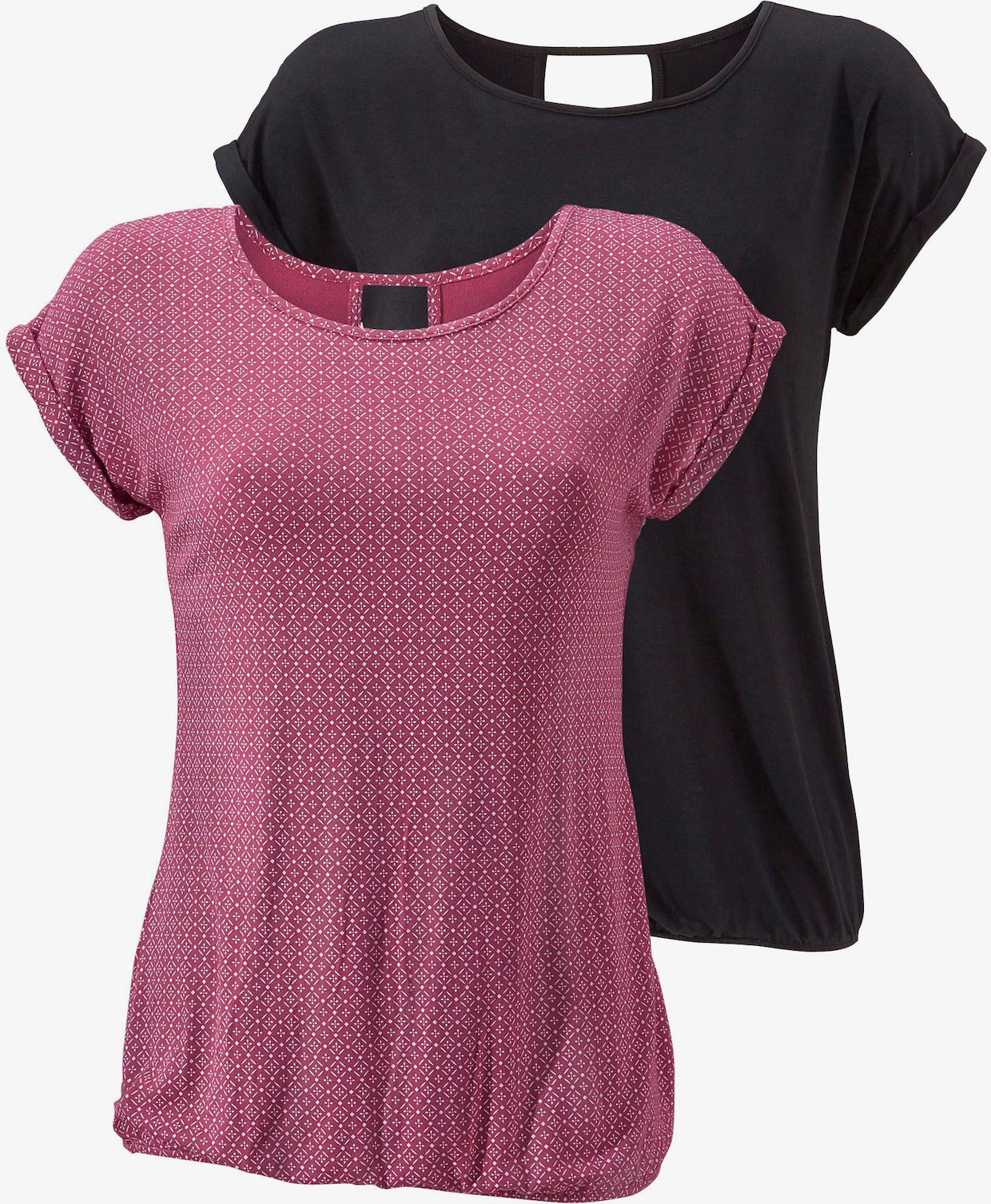 LASCANA Shirt met korte mouwen - bessenrood gedessineerd, zwart