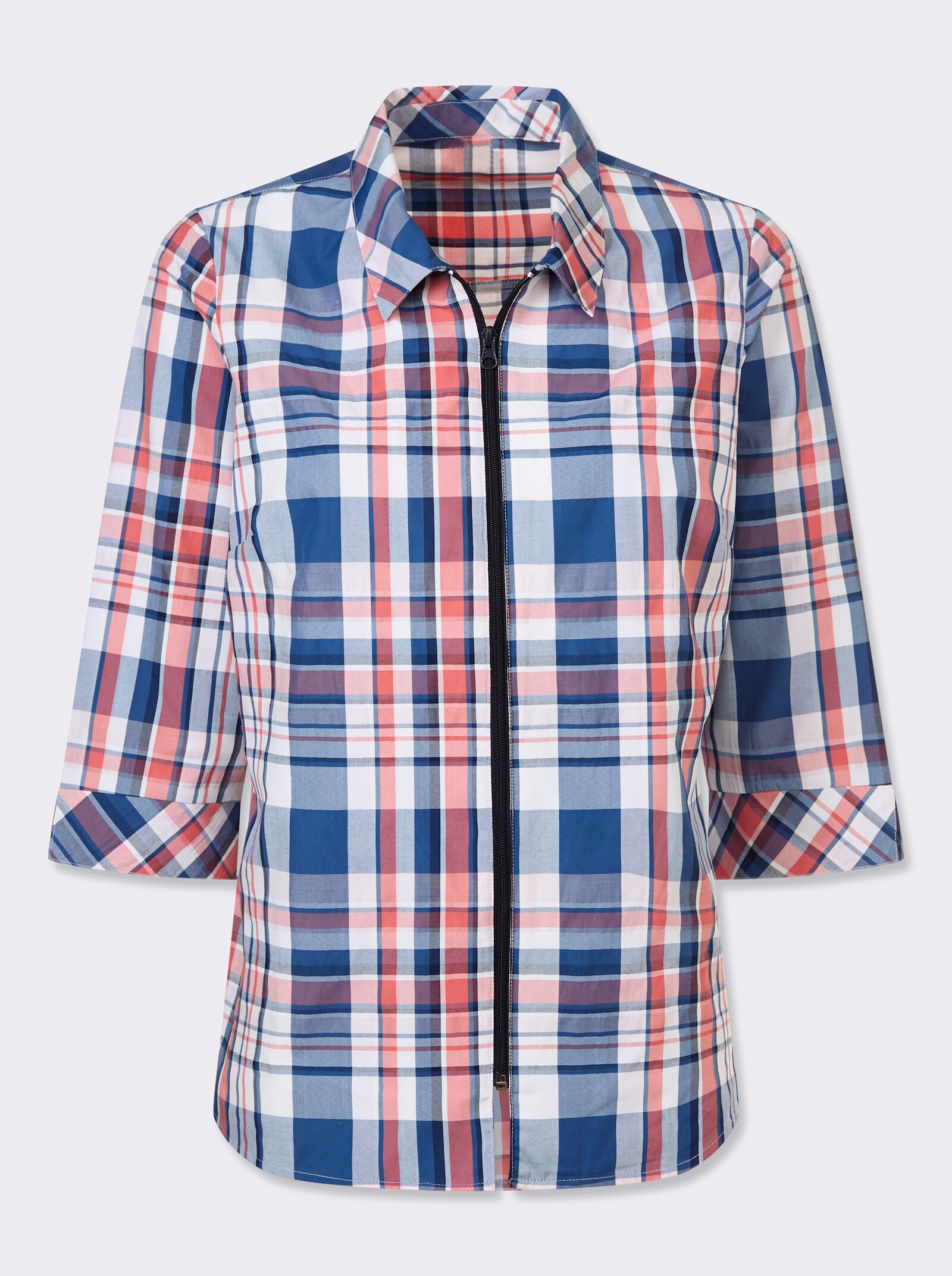 Károvaná blúzka, zap.na zips - džíns. modrá-koral. káro