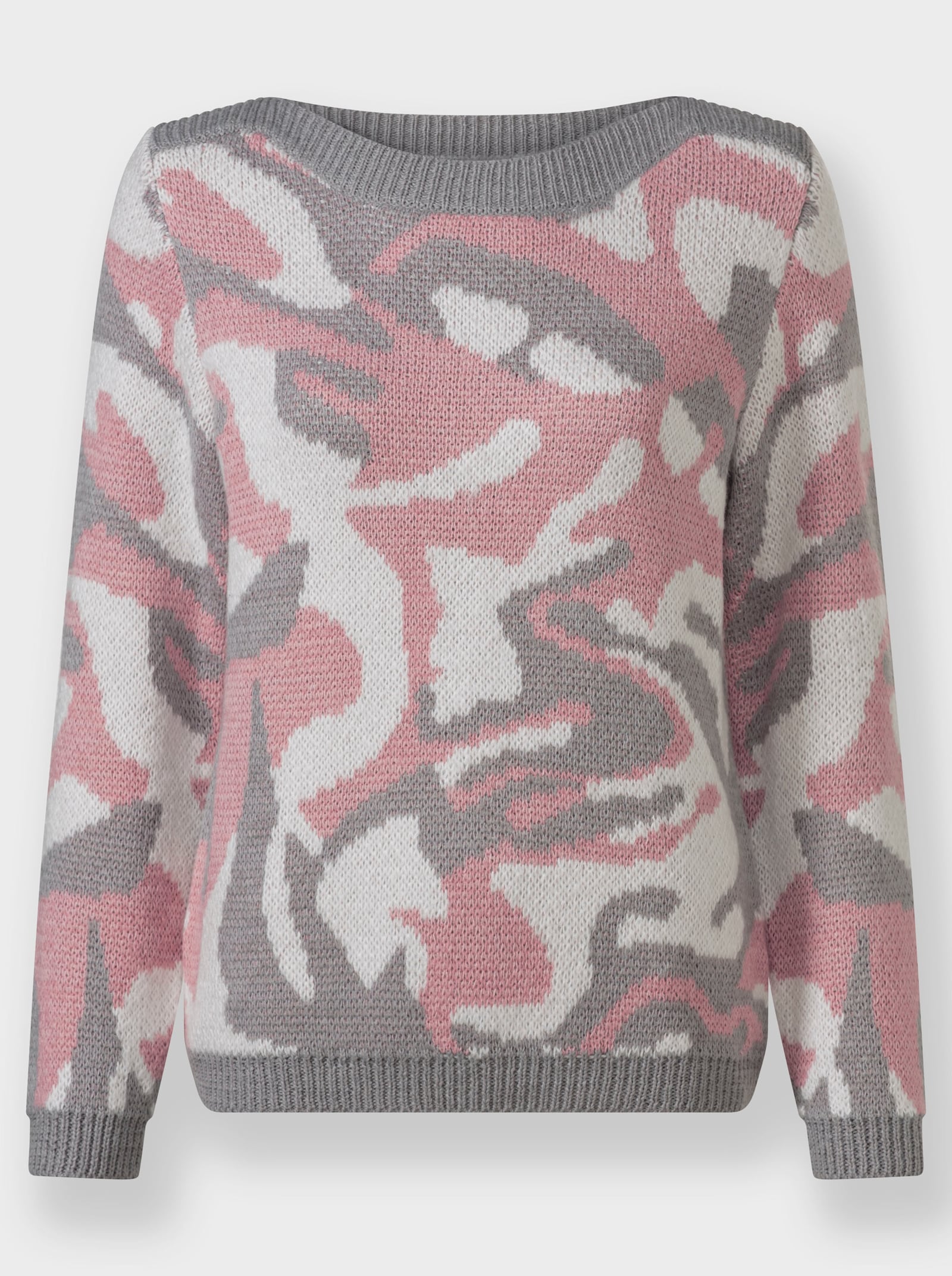 Pullover van jacquard met effen boorden - hortensia/steengrijs gedessineerd