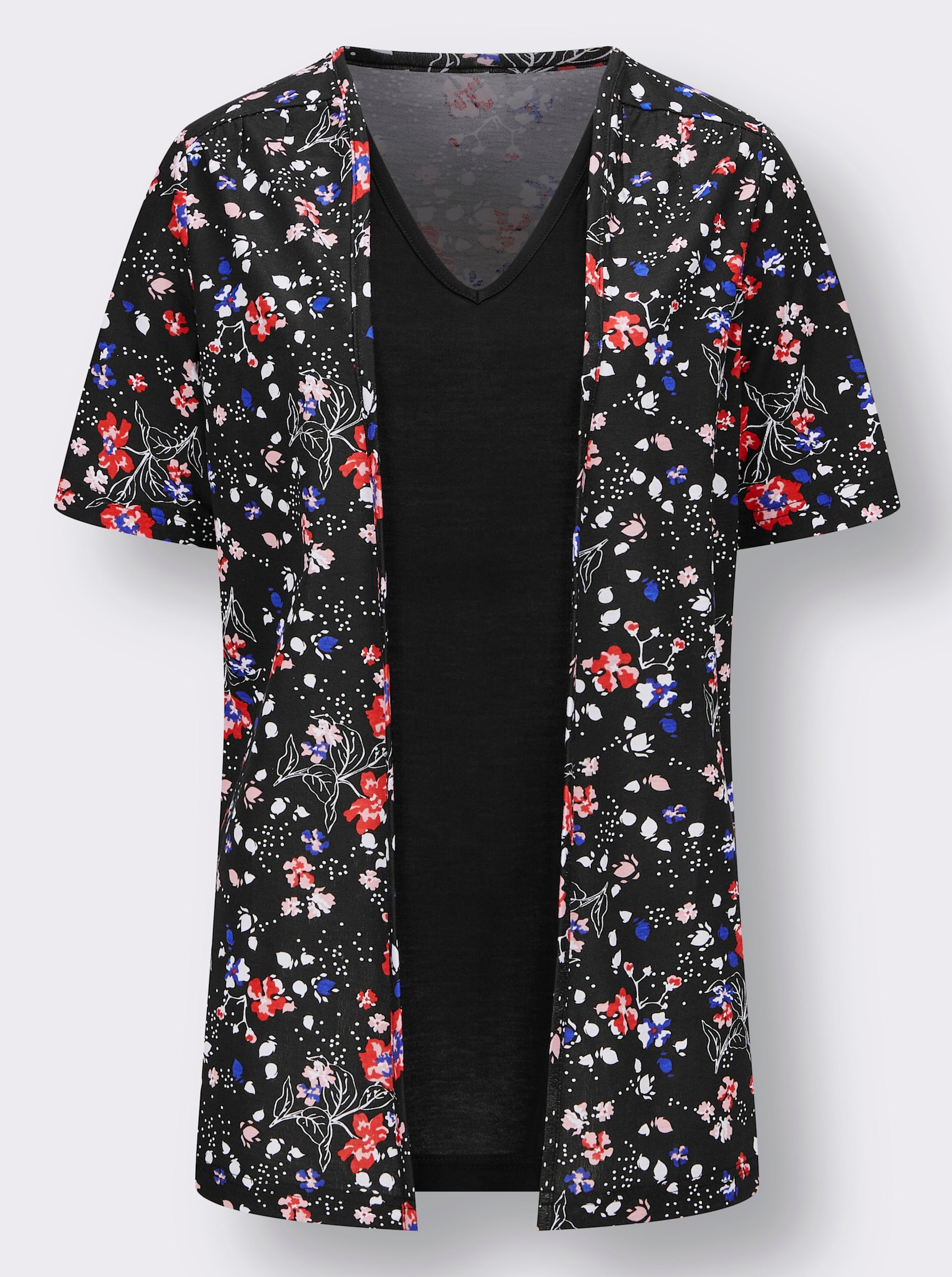 2-in-1-shirt in langer model, pure viscose - zwart/aardbei bedrukt