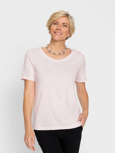 Rundhalsshirt mit Bogenrand am V-Ausschnitt - hellrosé