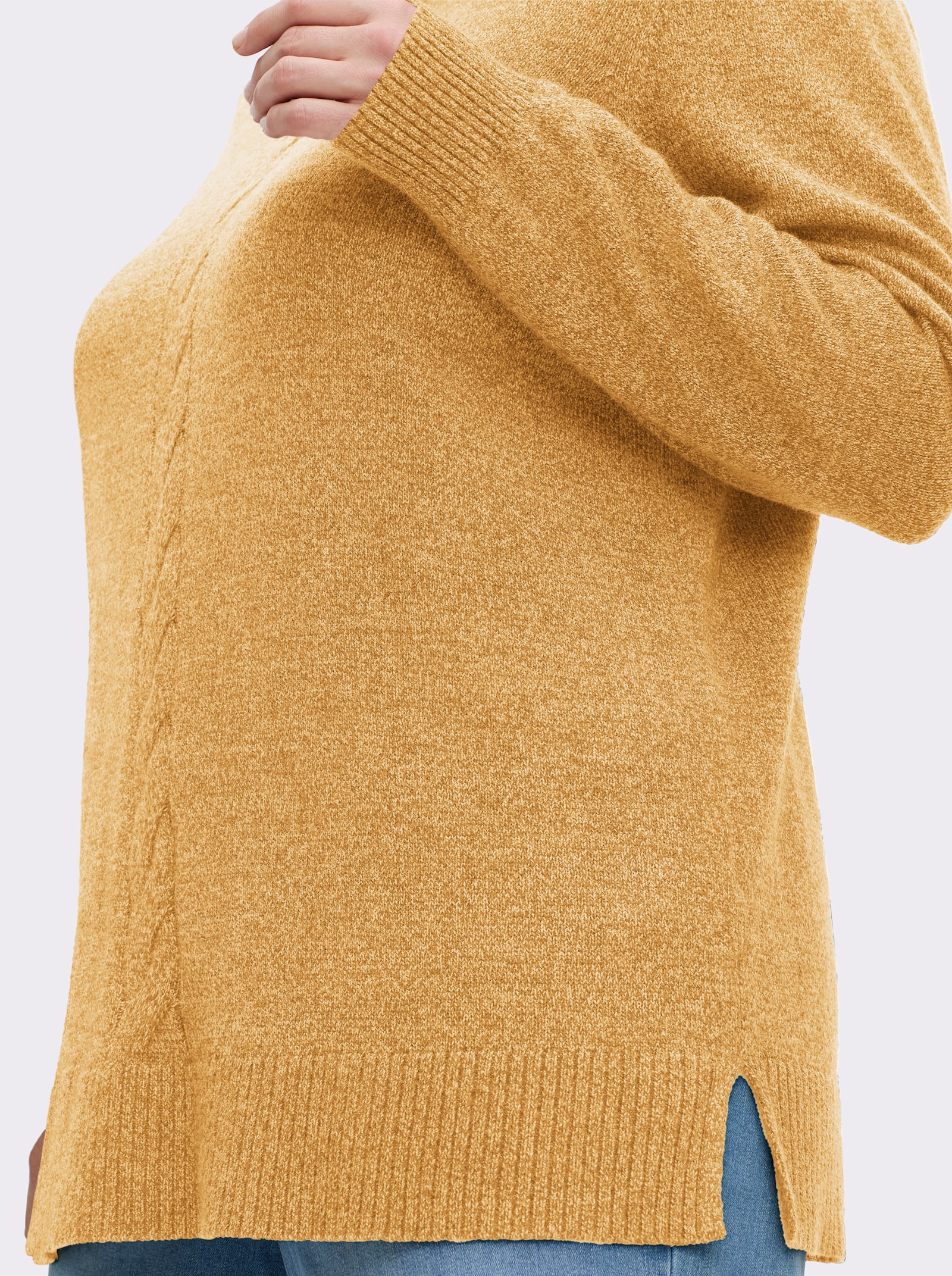 sheego Rollkragenpullover mit Zopfmuster vorn - ocker-meliert