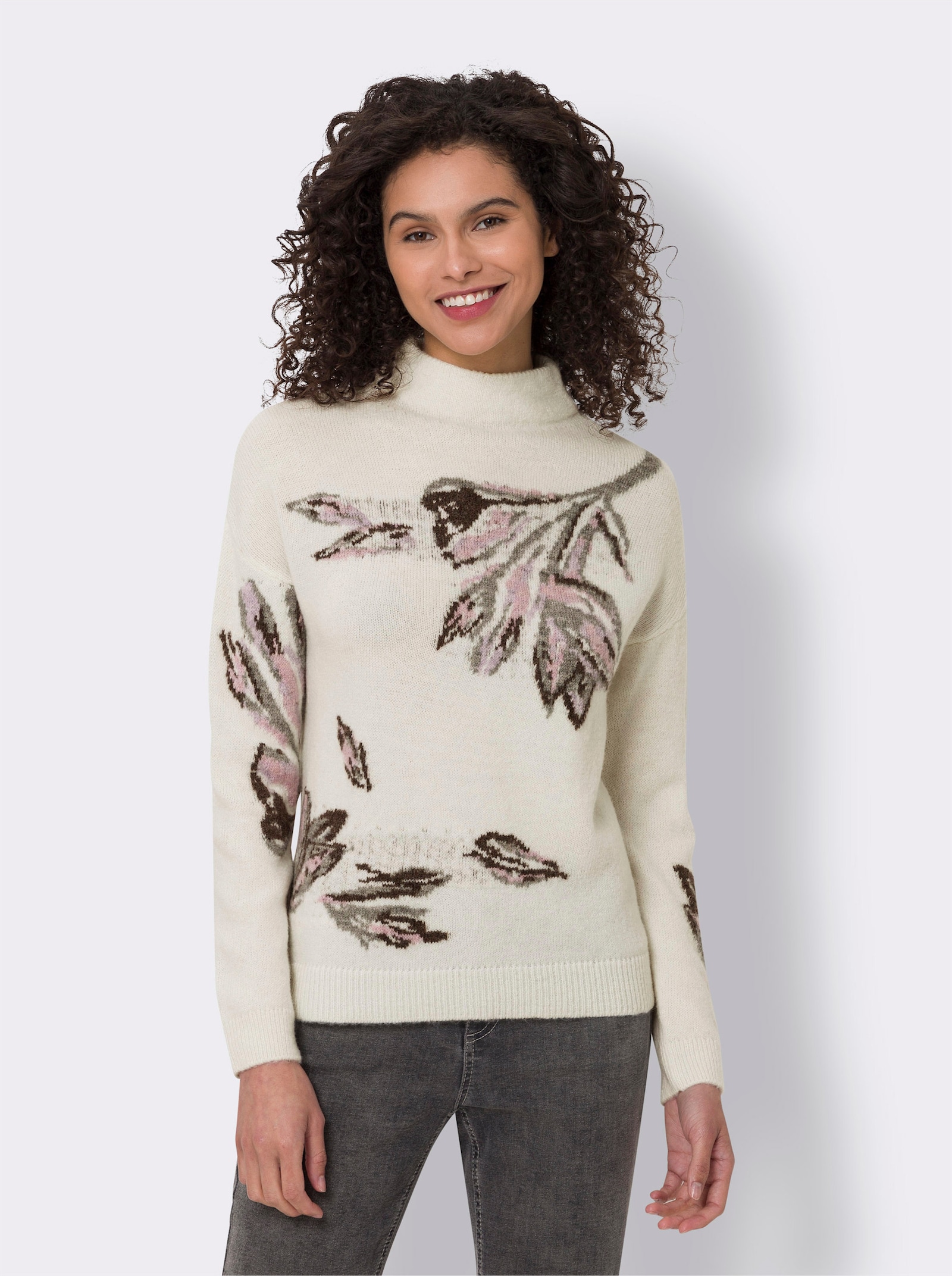 heine Jacquard-Pullover mit Rippbündchen - ecru-steingrau-gemustert
