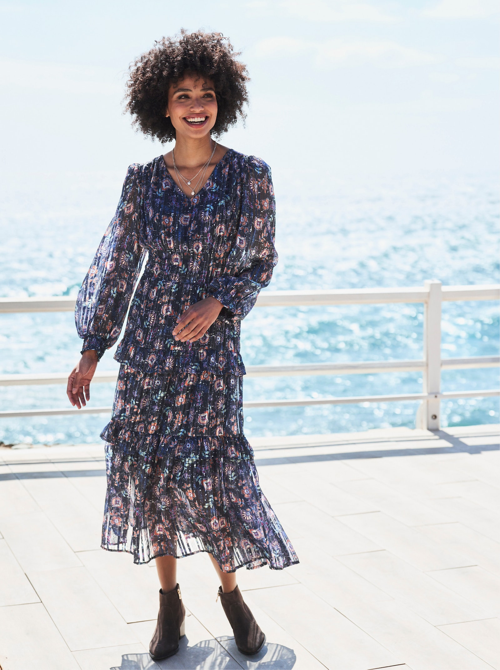 heine Stufenkleid mit Effektgarn, leicht transparent - marine-mittelblau-bedruckt