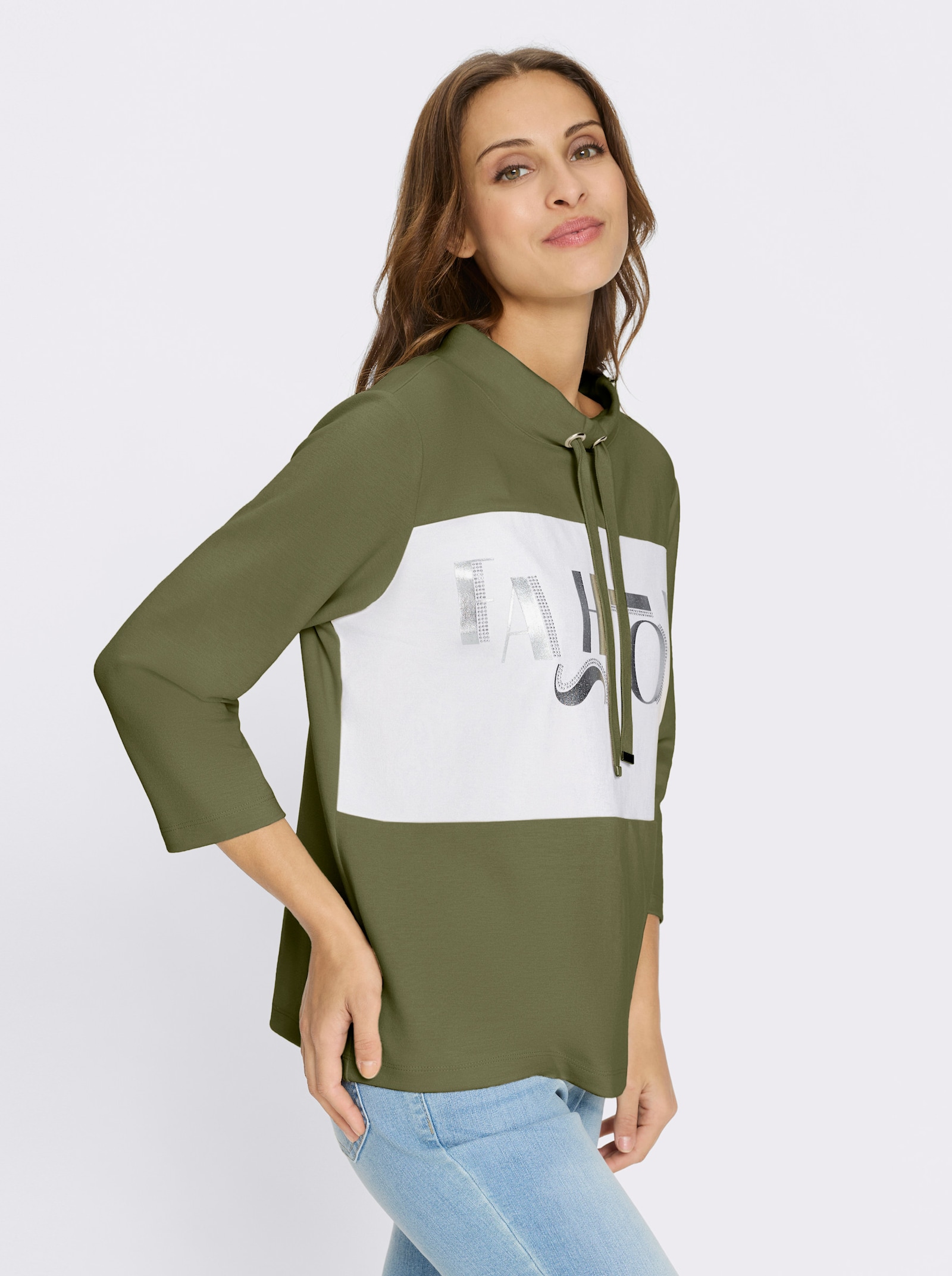 Sweatshirt mit Folienprint-Schriftzug - oliv-weiß-geringelt
