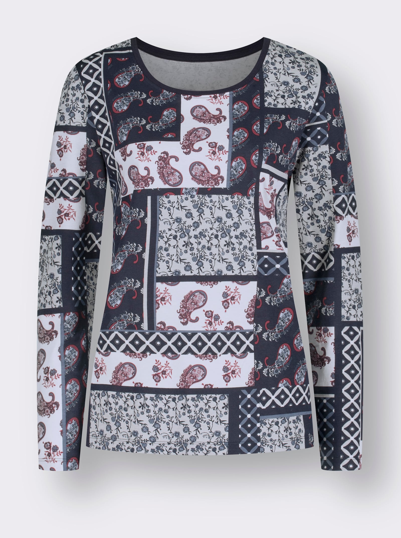 Langarmshirt im Patchwork-Druck - hellgrau-marine-bedruckt