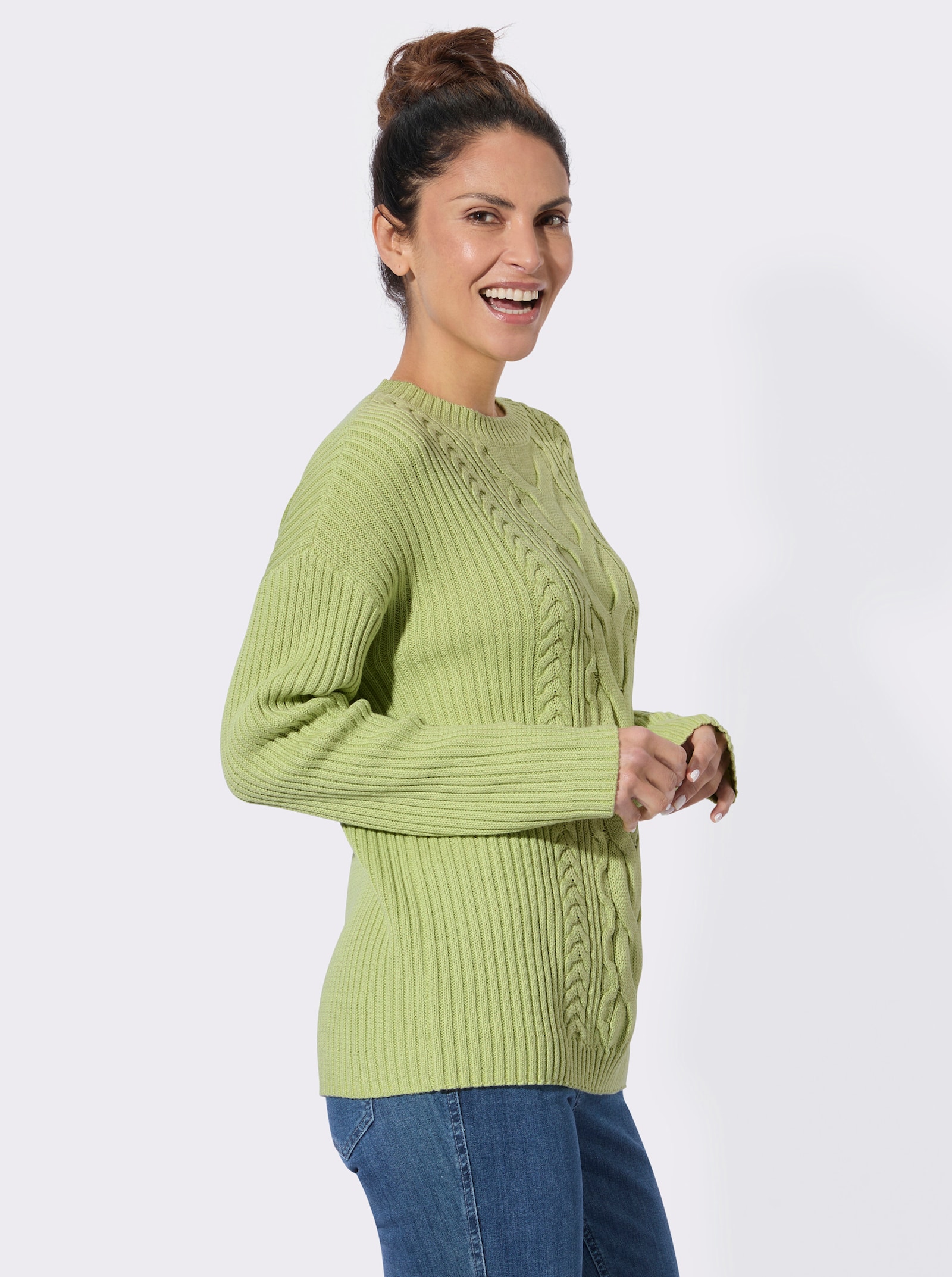 Rundhalspullover mit Zopfmuster - pistazie
