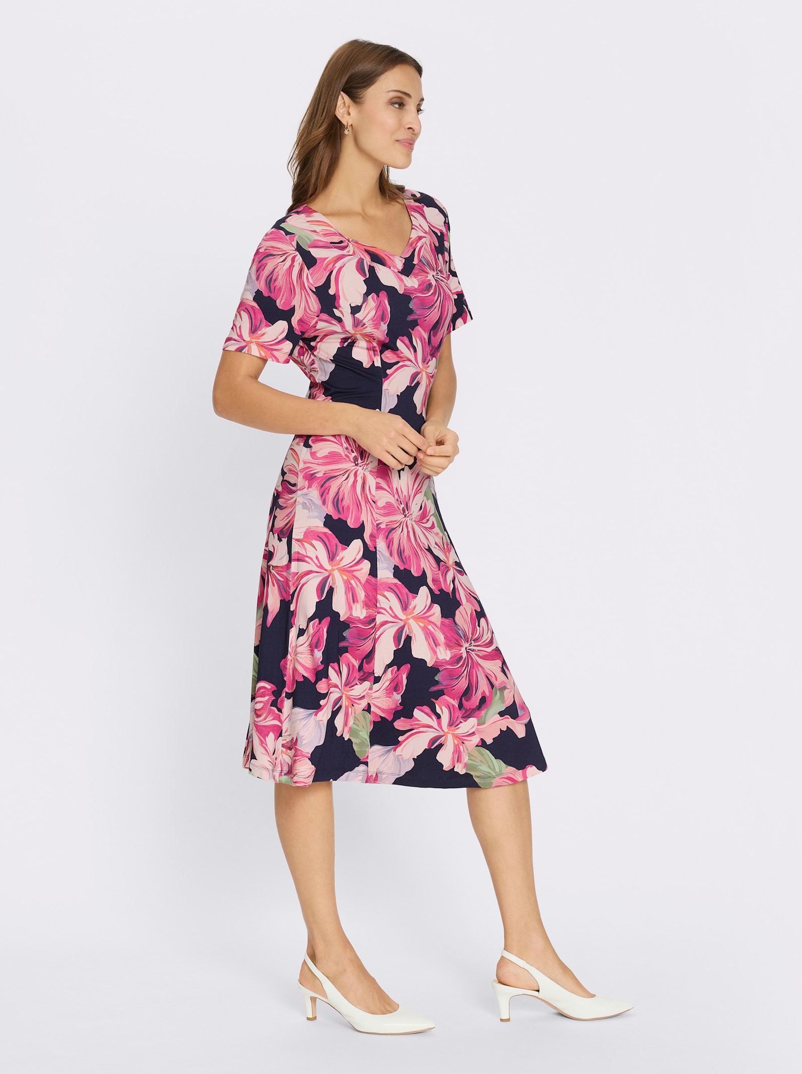 Jerseykleid in A-Form - marine-magenta-bedruckt