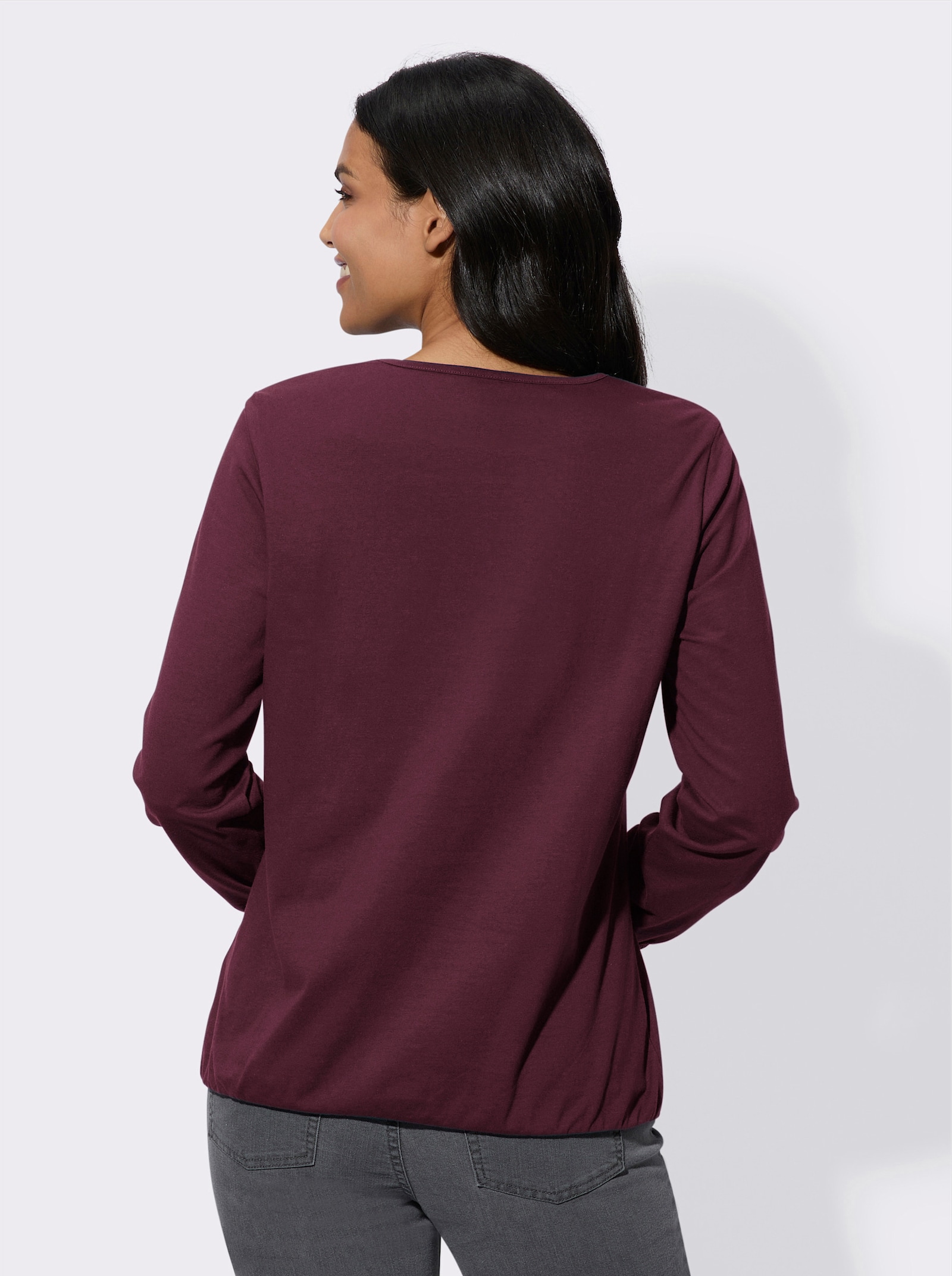 Langarmshirt mit Raffung am Ausschnitt - burgund