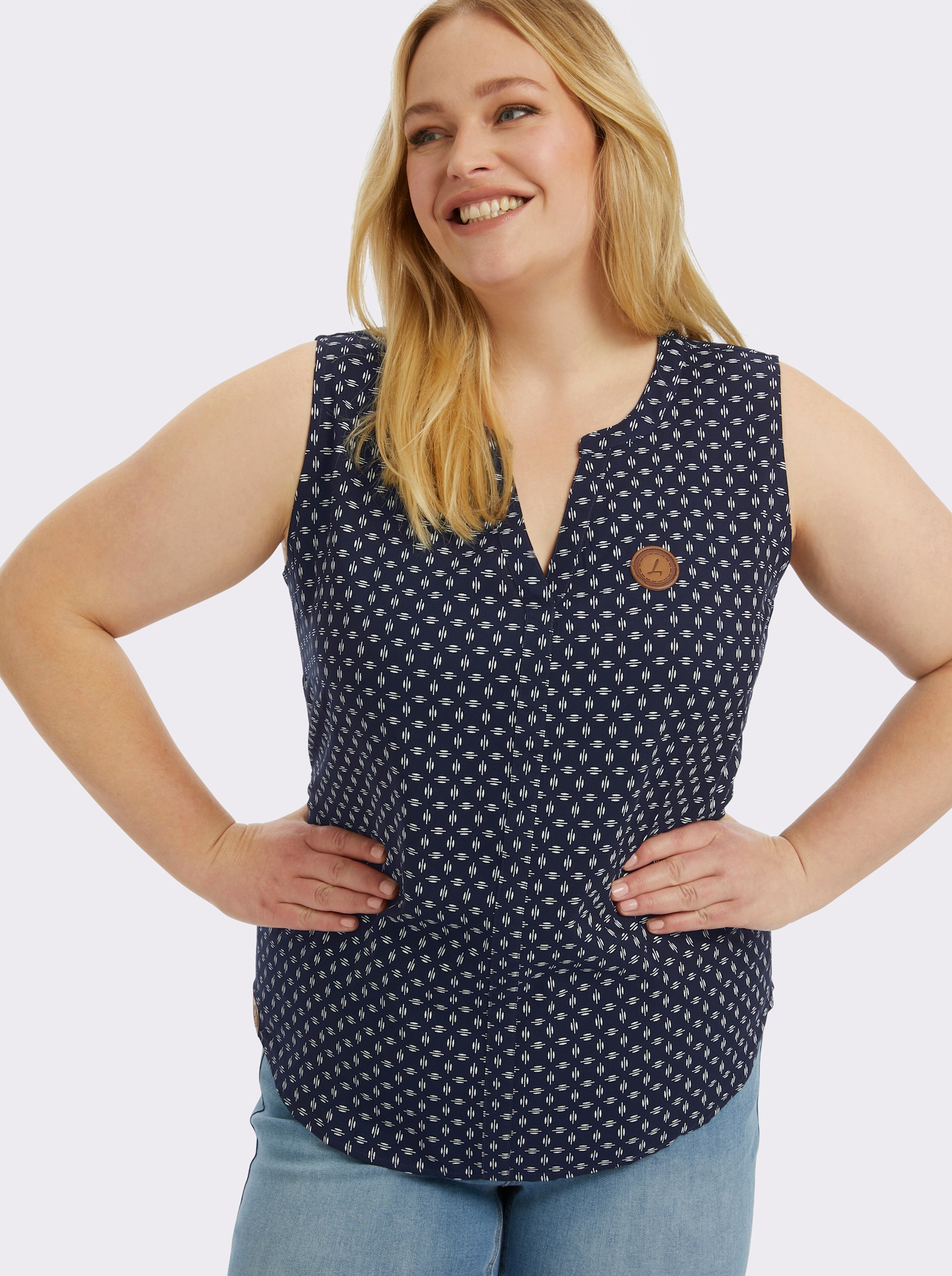 Blusentop mit Blende im Vorderteil - marine-weiß-bedruckt