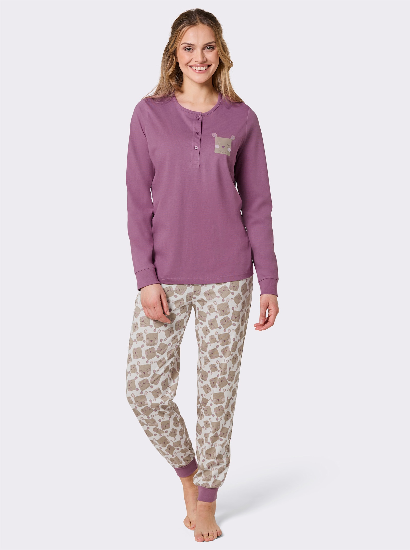 wäschepur Schlafanzug aus Feinfrottee - ecru-violett