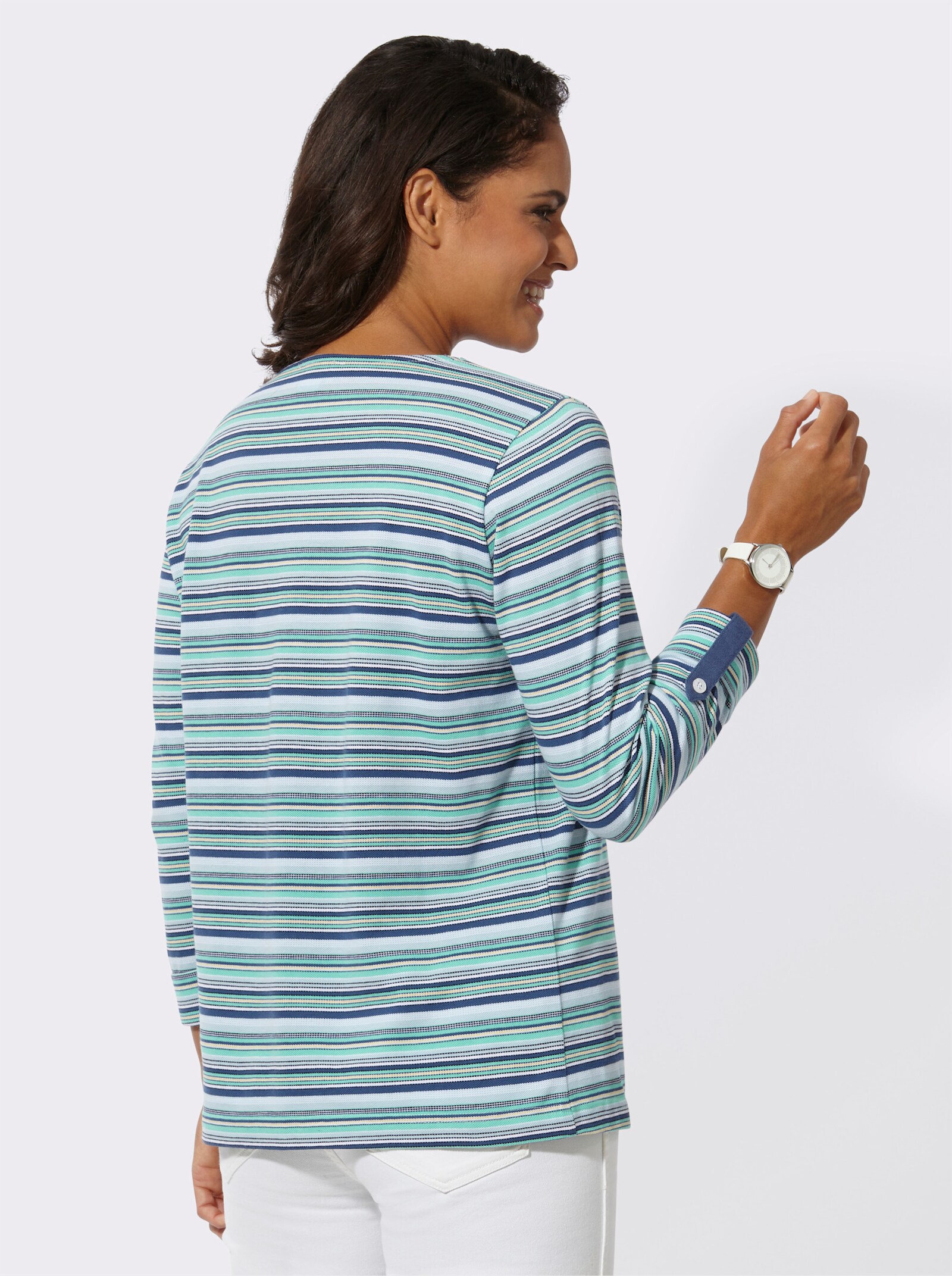 Shirt met 3/4-mouwen en contrasterende trensjes - jeansblauw/blauwgroen gestreept