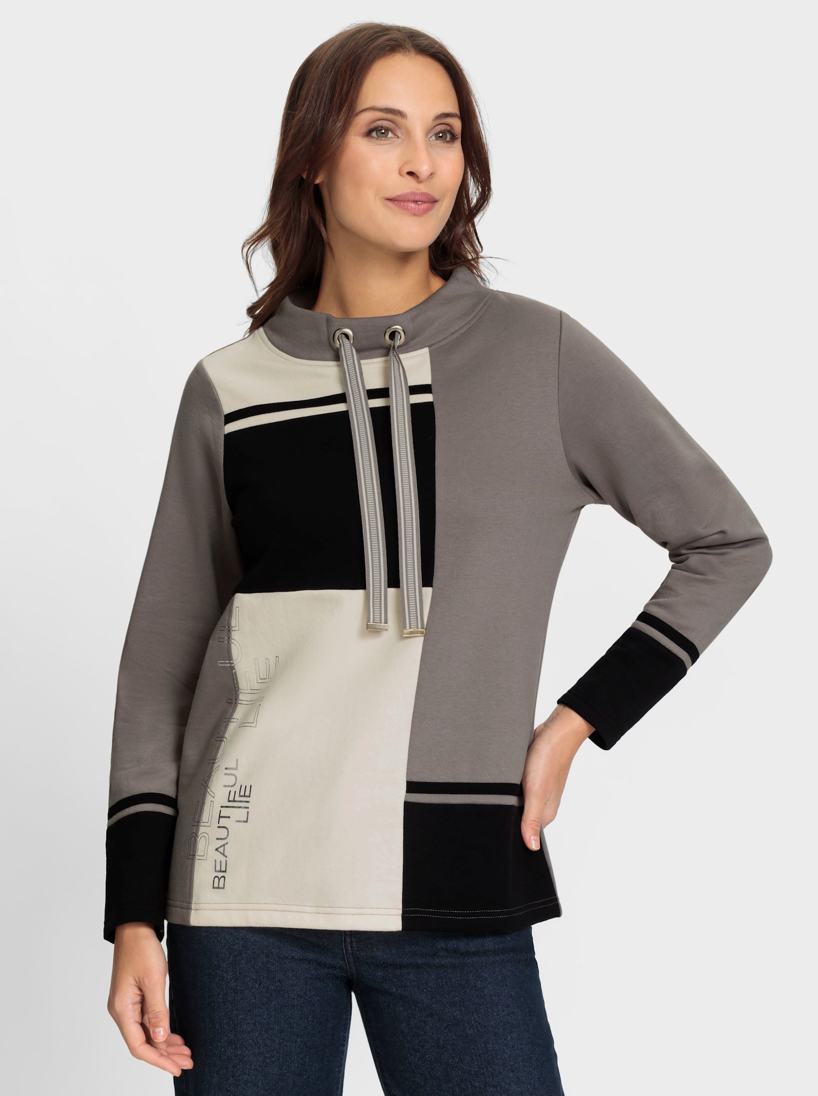 Print-Shirt mit halsfernem Stehkragen - grau-schwarz-gemustert