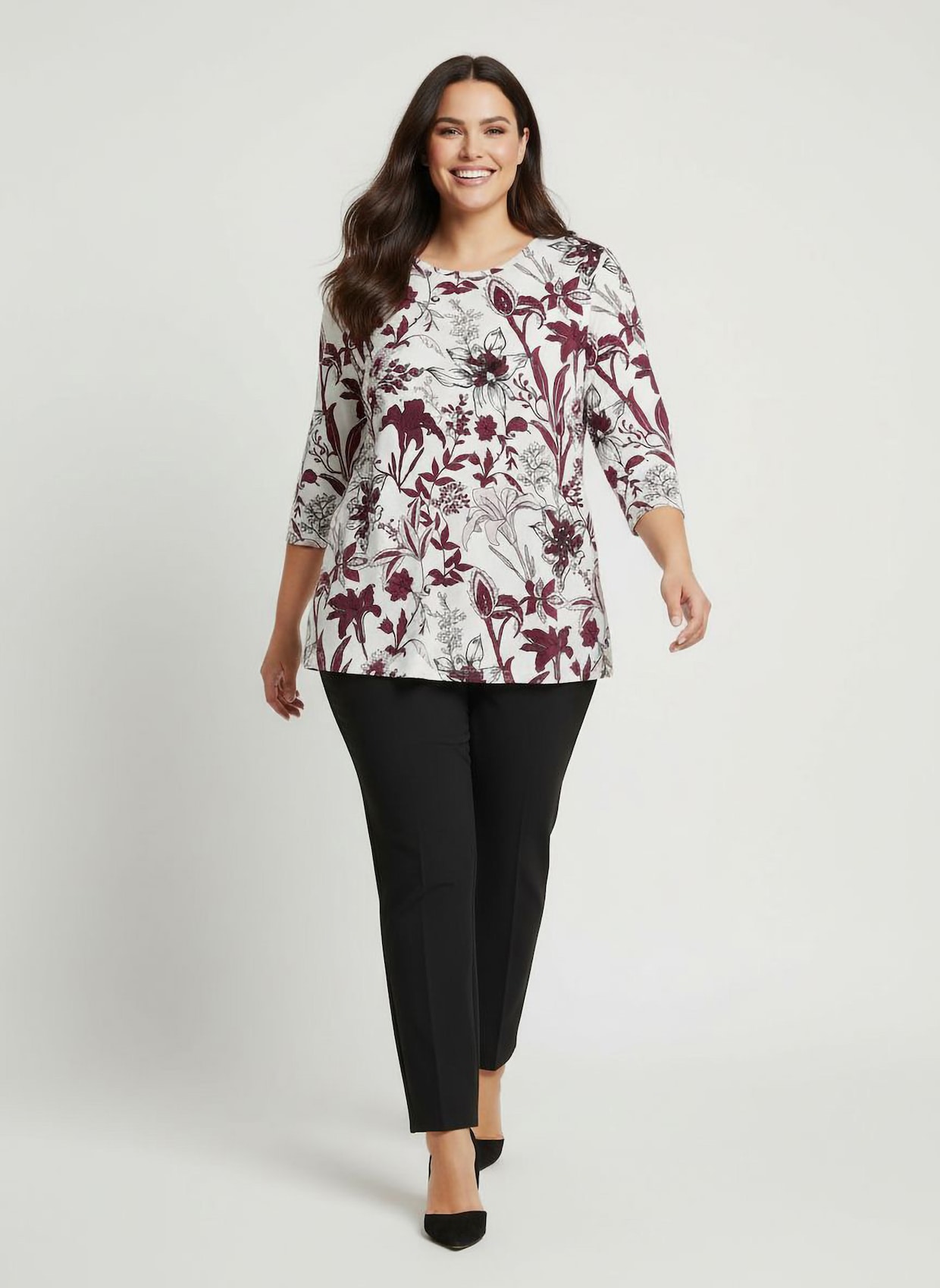 Print-Shirt mit 3/4-Ärmeln - ecru-burgund-bedruckt