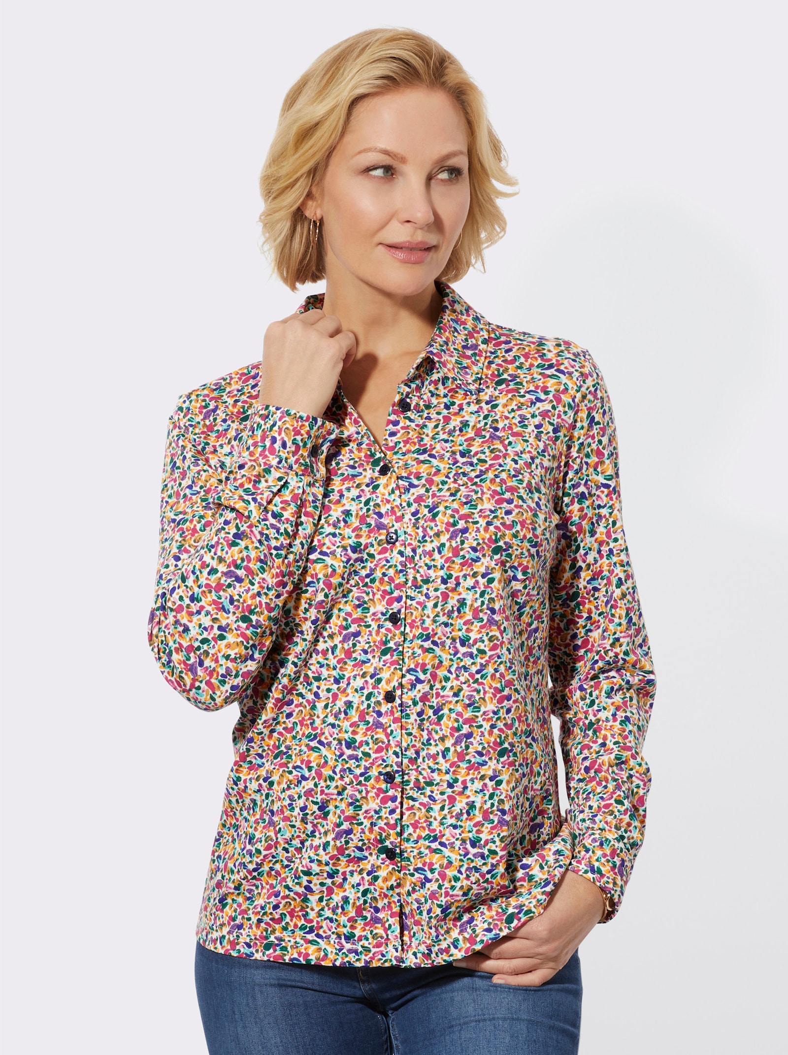 Jersey-Bluse in formstabiler Qualität - ecru-fuchsia-bedruckt