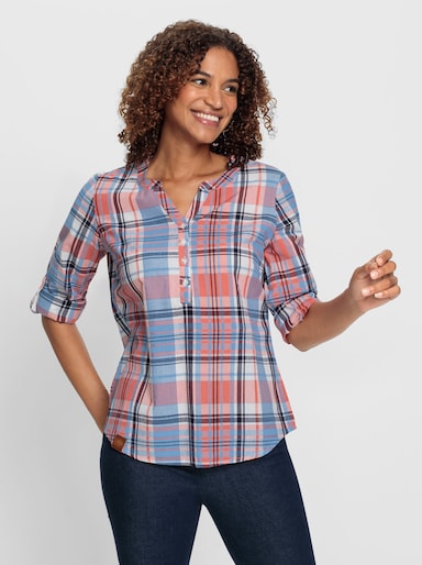 Karobluse mit Kellerfalte im Rücken - grapefruit-himmelblau-kariert