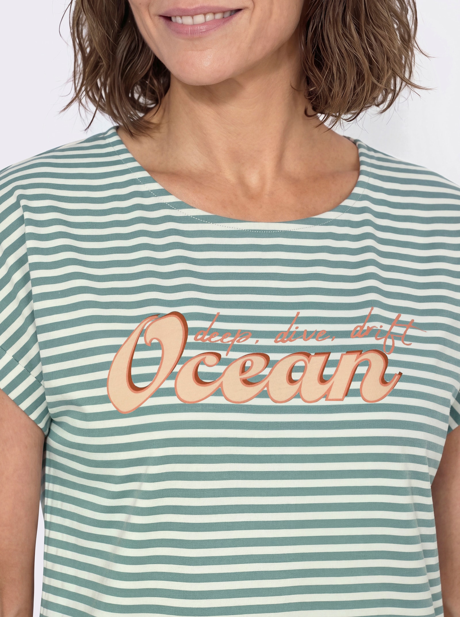 Ringelshirt mit Frontdruck - jade-ecru-geringelt