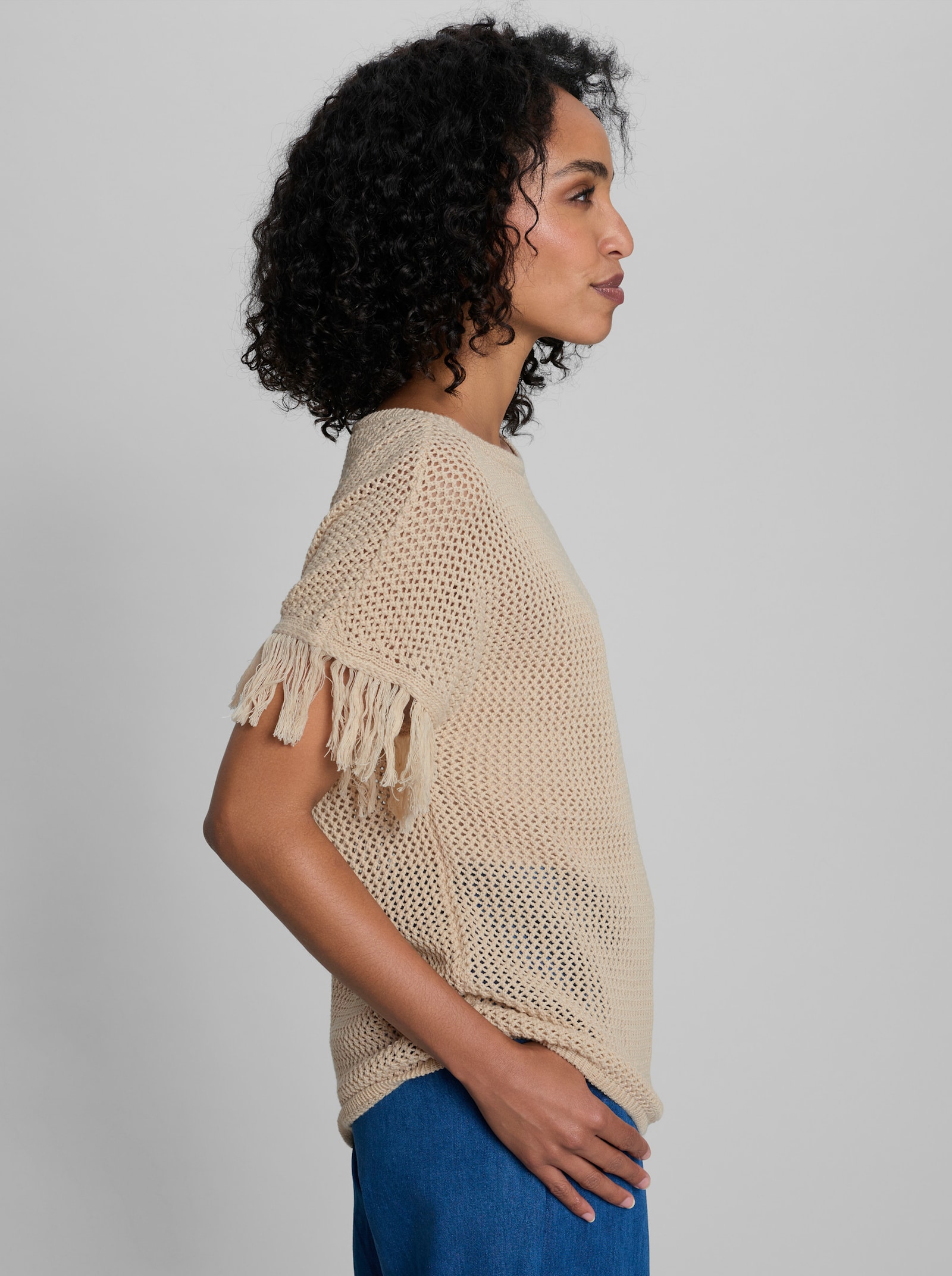 heine Ajourpullover mit Fransen - sand