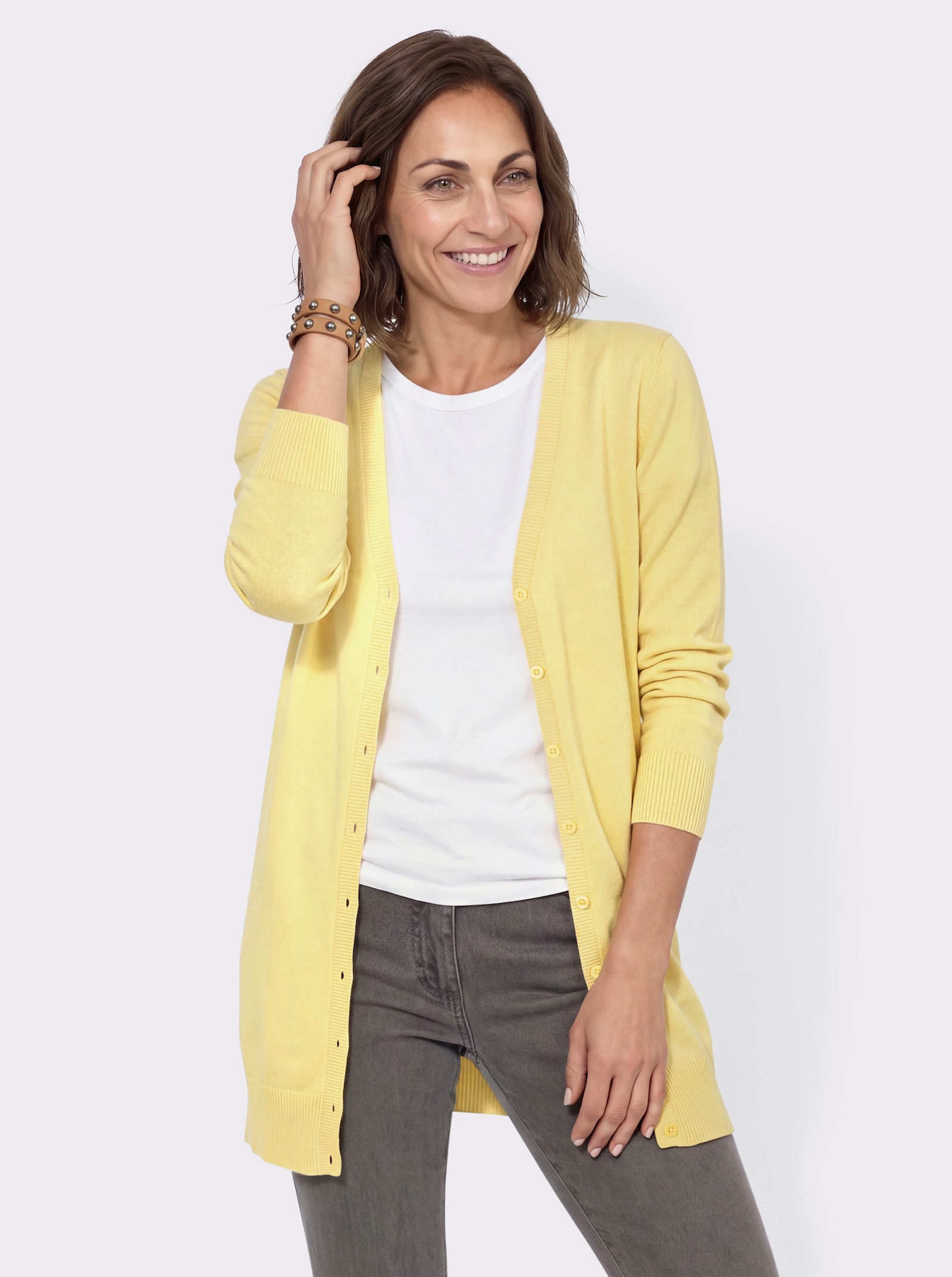 Longstrickjacke mit gerippten Bündchen - zitrone