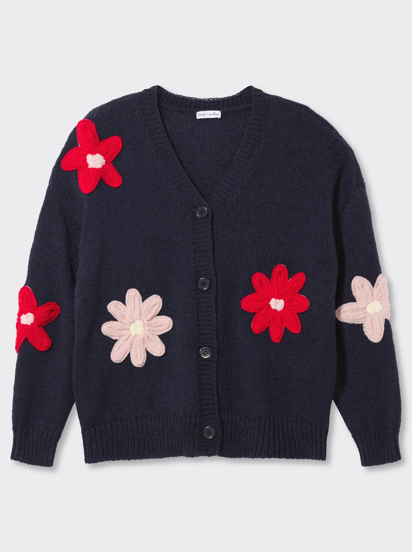 sheego by Joe Browns Strickjacke mit aufgesetzten Blüten - tiefblau-ecru