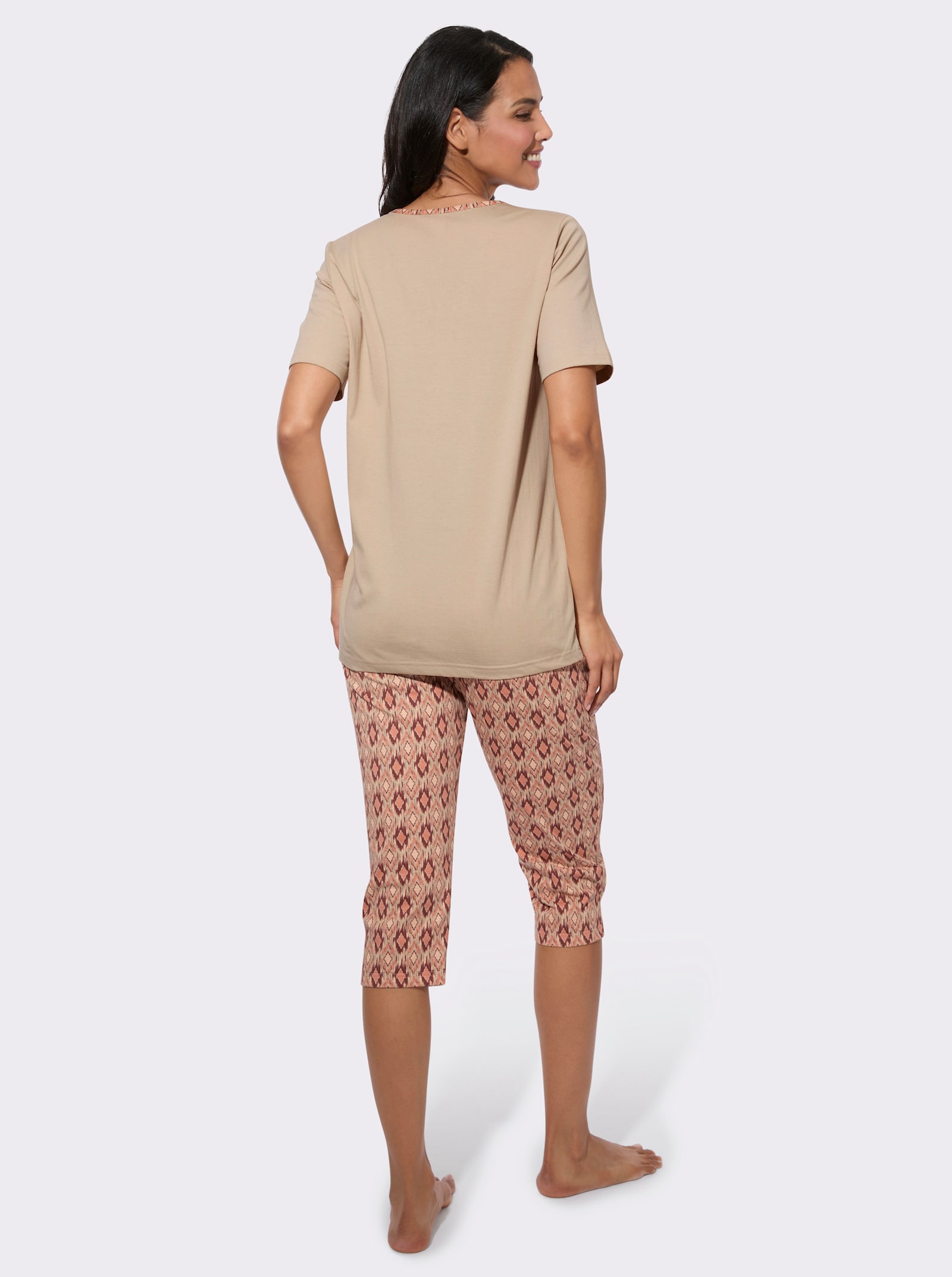 Capri-Schlafanzug mit Brusttasche - beige-papaya-bedruckt