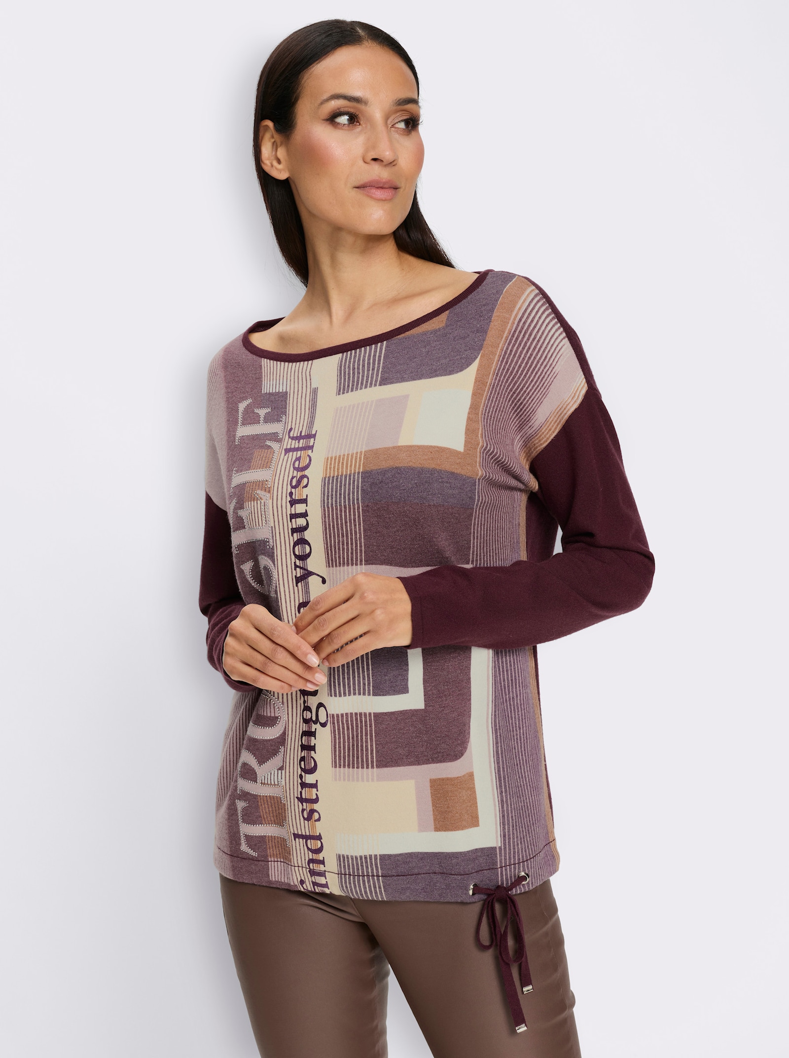 heine Langarm-Pullover mit Tunnelzug und Bindeband - burgund-mauve-bedruckt