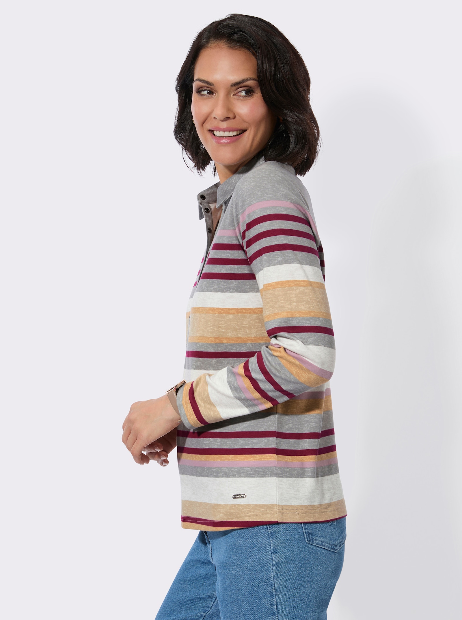 Poloshirt mit Druckknöpfen - grau-mauve-geringelt