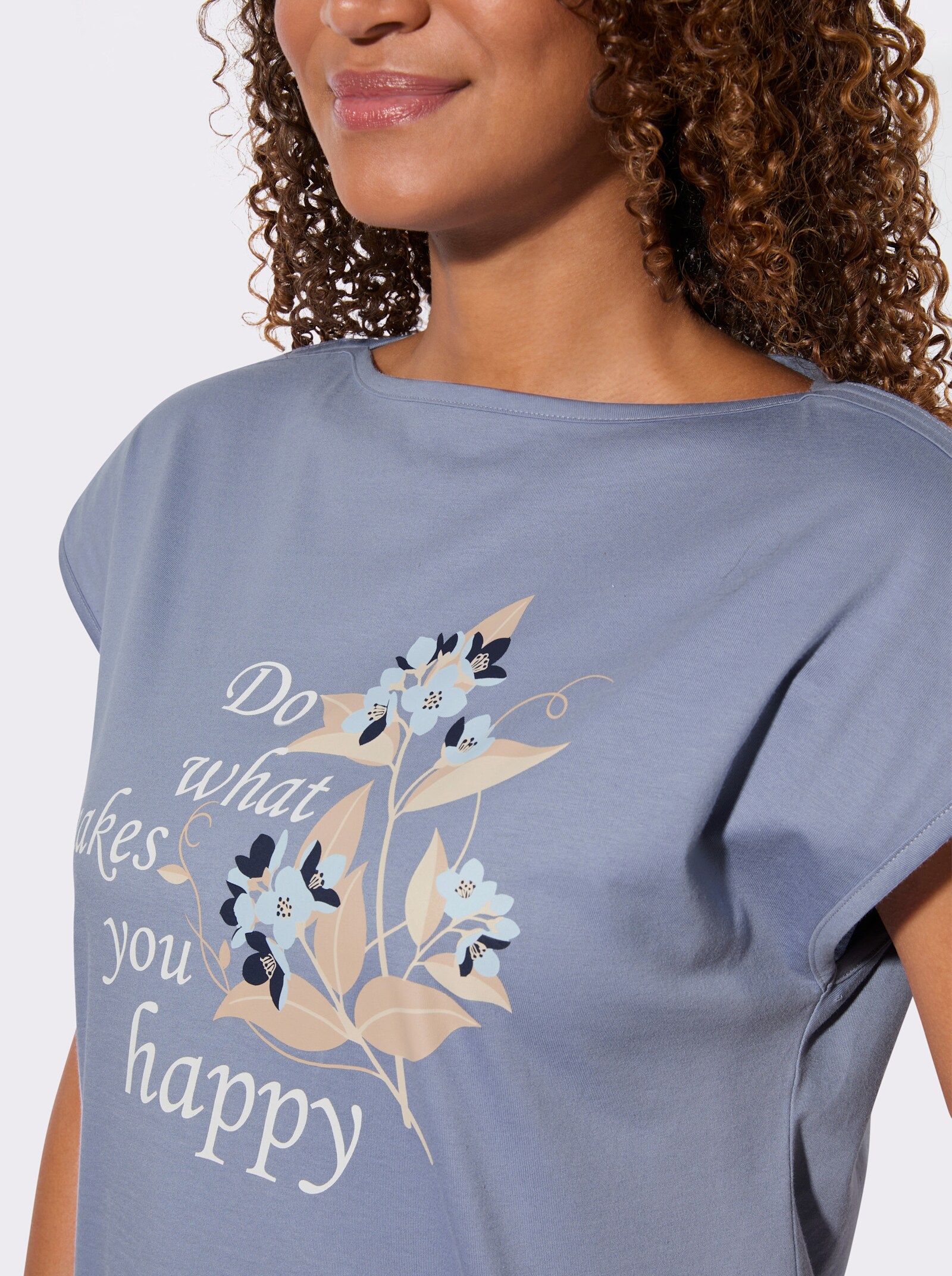 Shirt mit Schriftzug - taubenblau-ecru-bedruckt