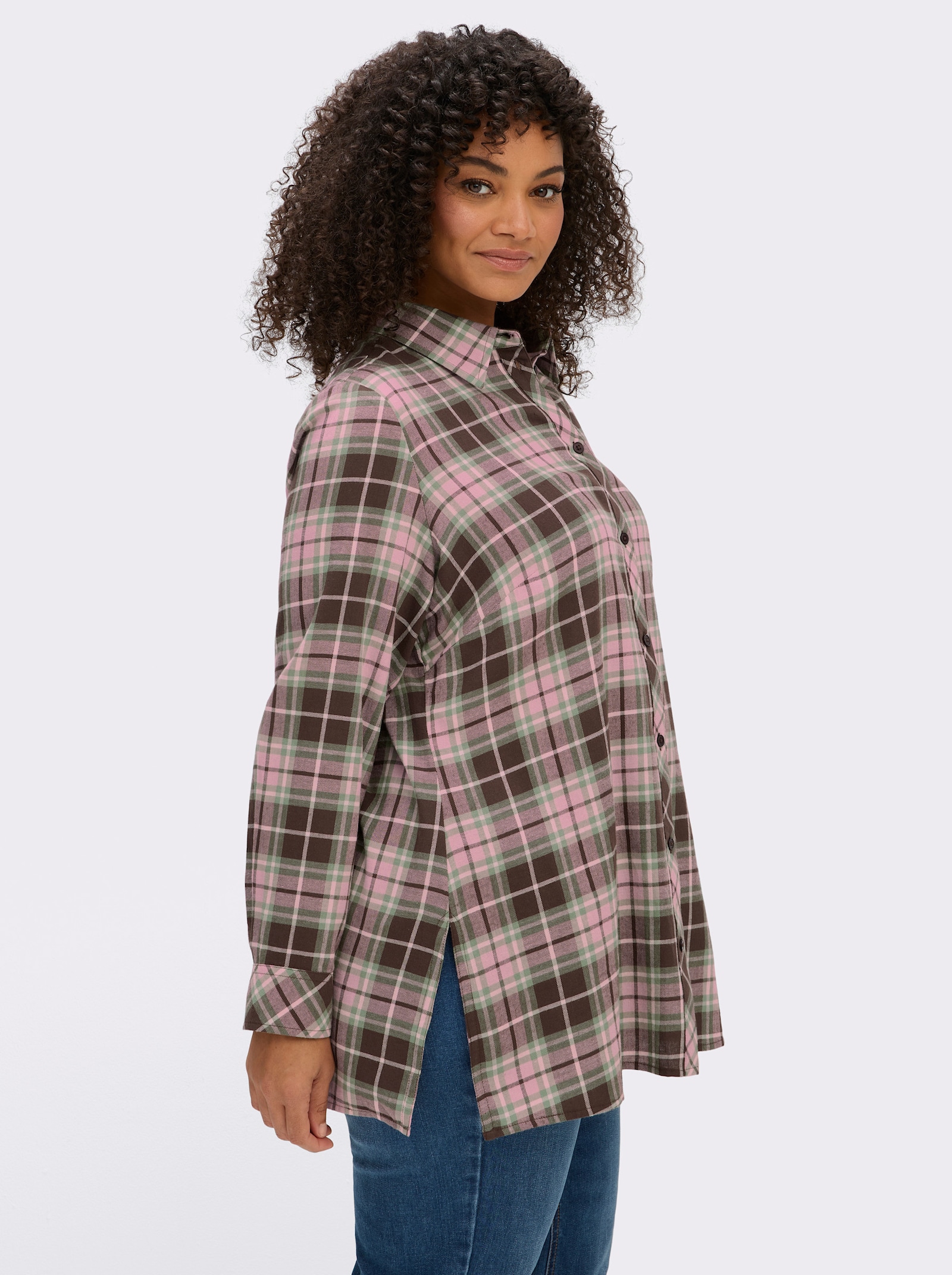 sheego Karobluse in angerauter Flanell-Qualität - schoko-hortensie-kariert