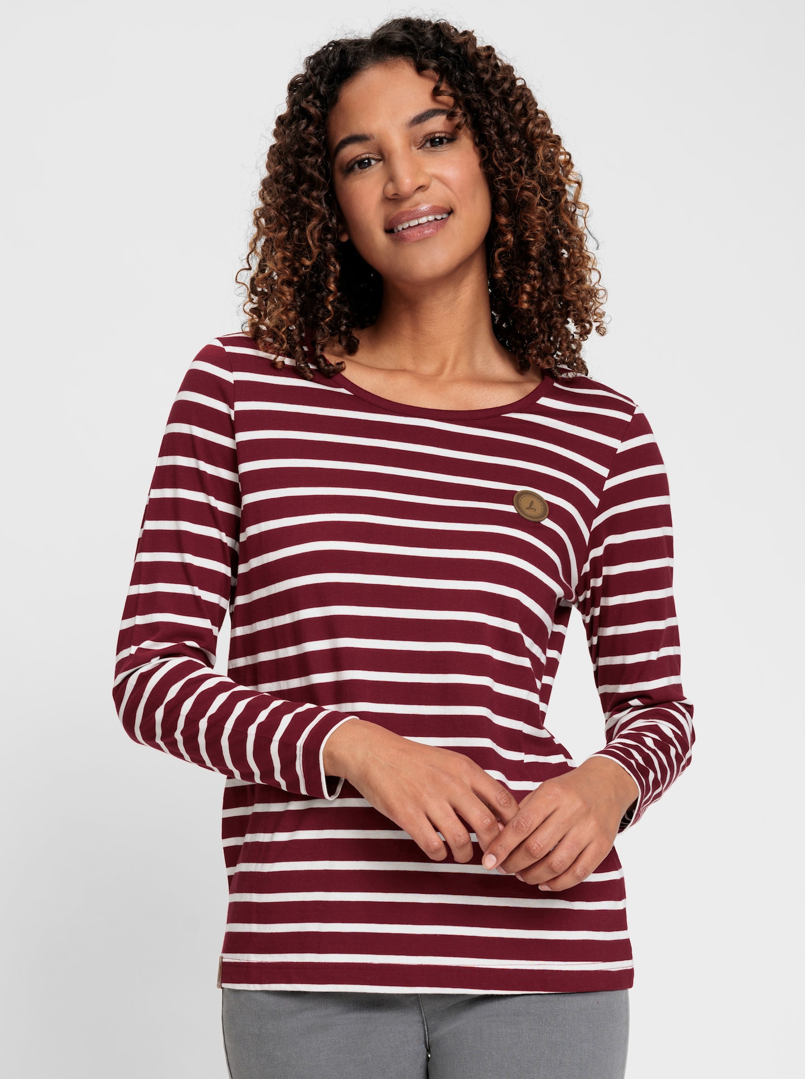 Ringelshirt mit Lederimitat-Patches - dunkelrot-ecru-gestreift