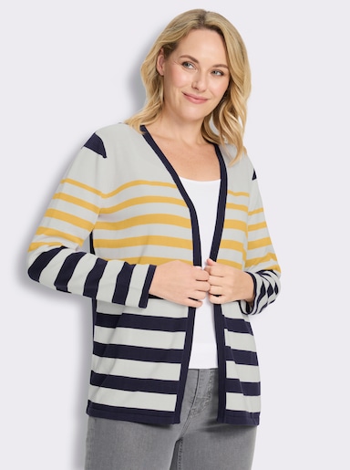 Cardigan in offener Form, reine Baumwolle - gelb-marine-geringelt