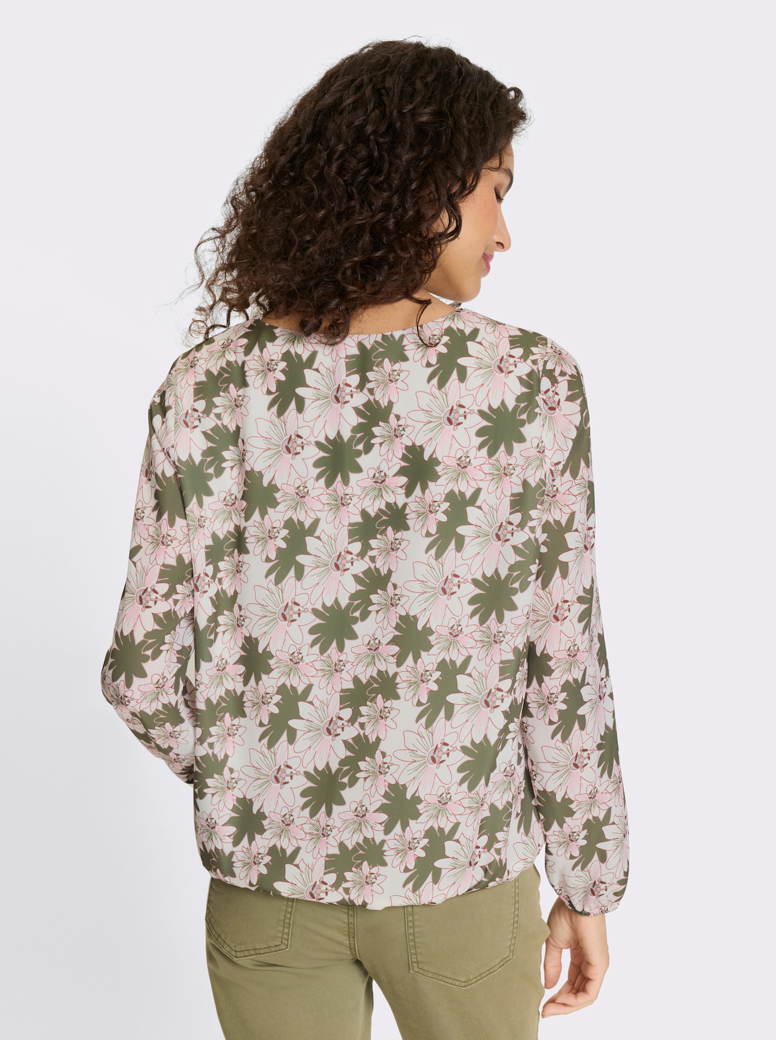 heine Schlupfbluse mit Jerseyfutter - weiss-oliv-bedruckt